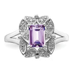 Sterling Silver Rhodium Diam. & Pink Quartz Ring