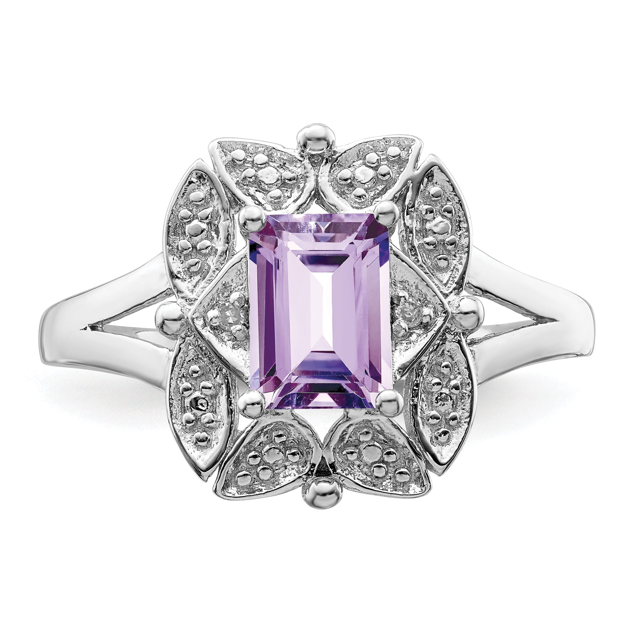 Sterling Silver Rhodium Diam. & Pink Quartz Ring