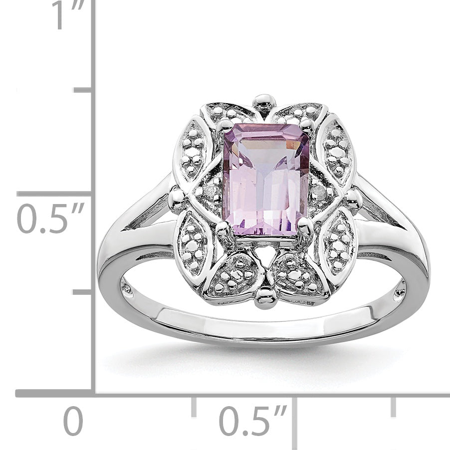 Sterling Silver Rhodium Diam. & Pink Quartz Ring