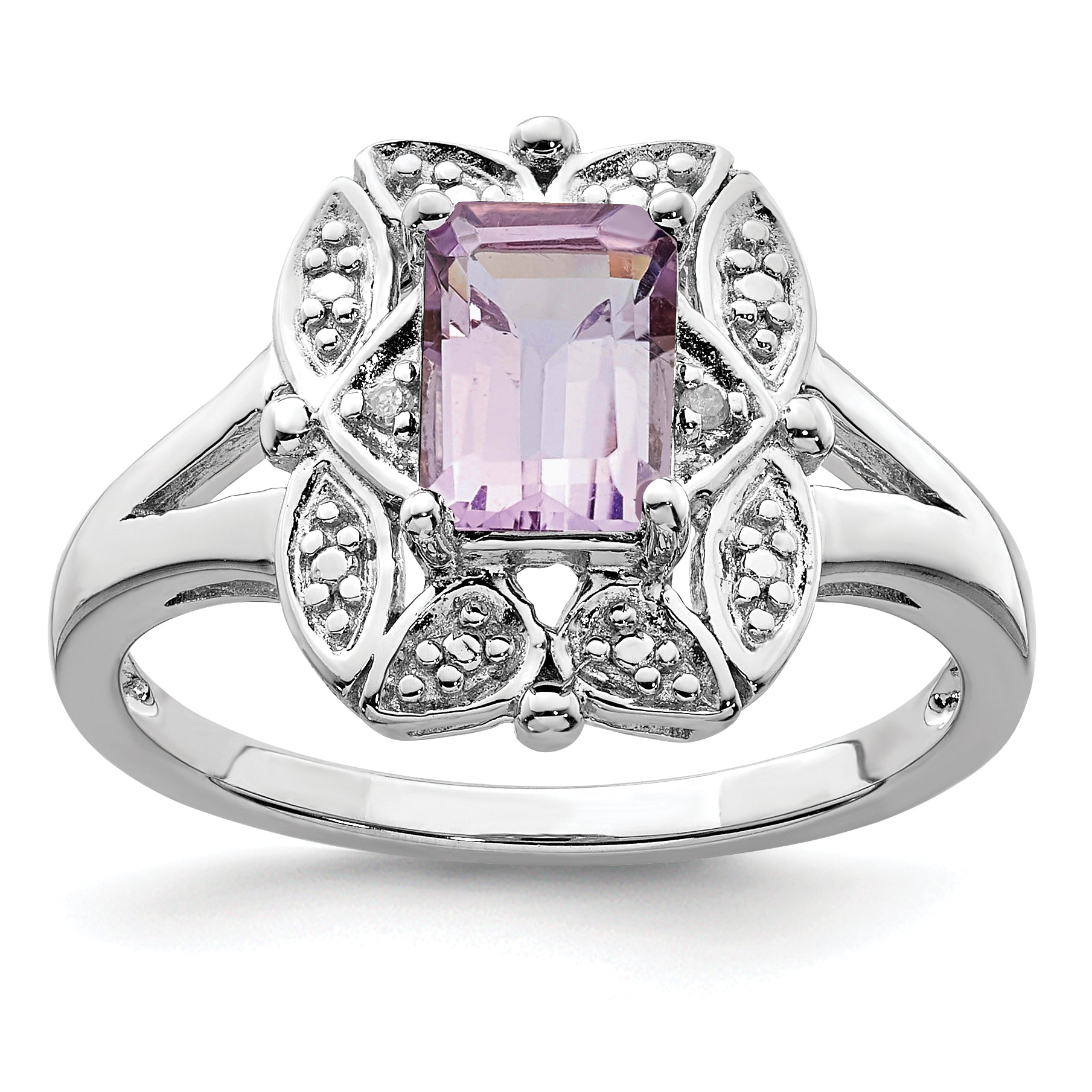 Sterling Silver Rhodium Diam. & Pink Quartz Ring Main image