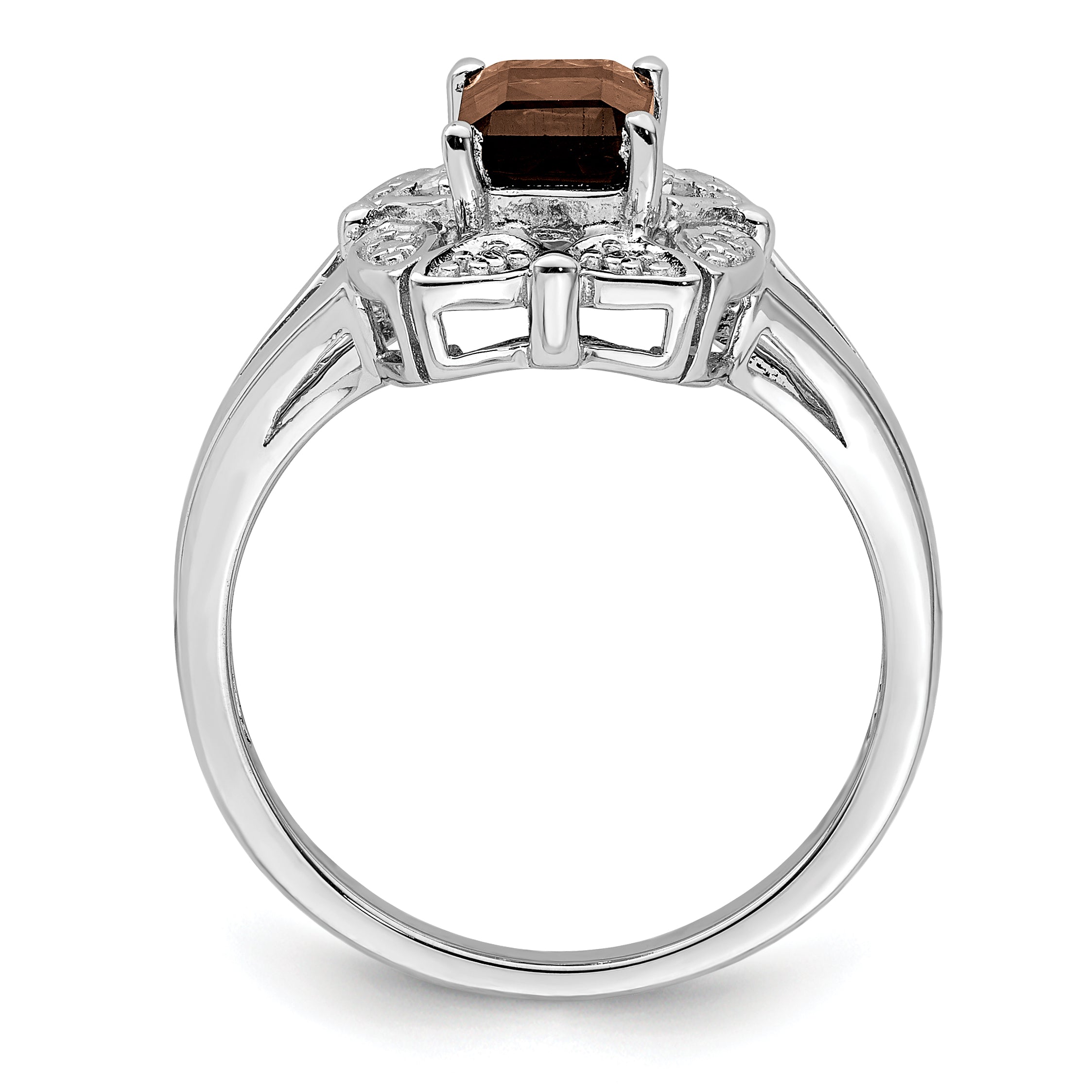 Sterling Silver Rhodium-Plated Diamond and Smoky Quartz Ring
