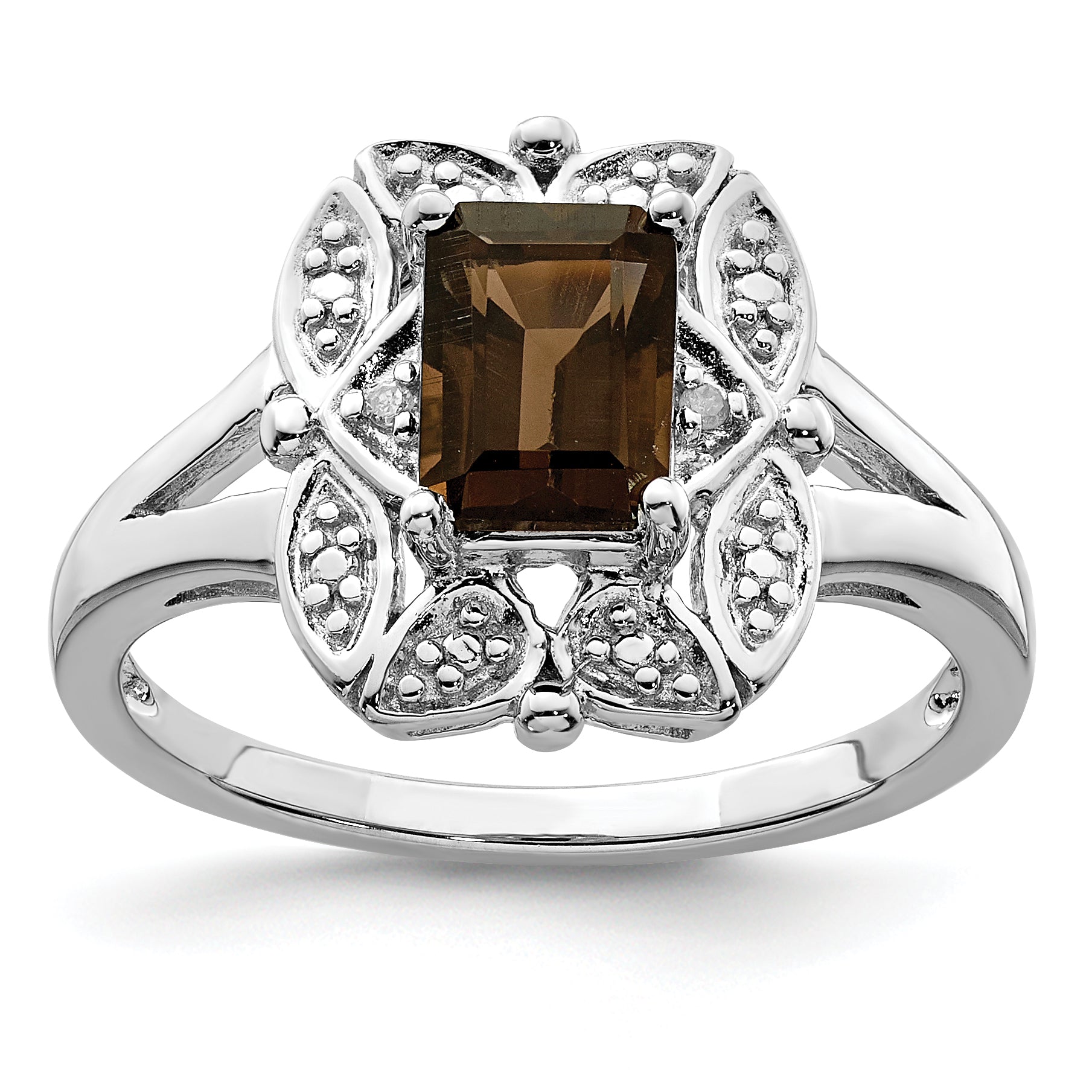 Sterling Silver Rhodium-Plated Diamond and Smoky Quartz Ring Main image