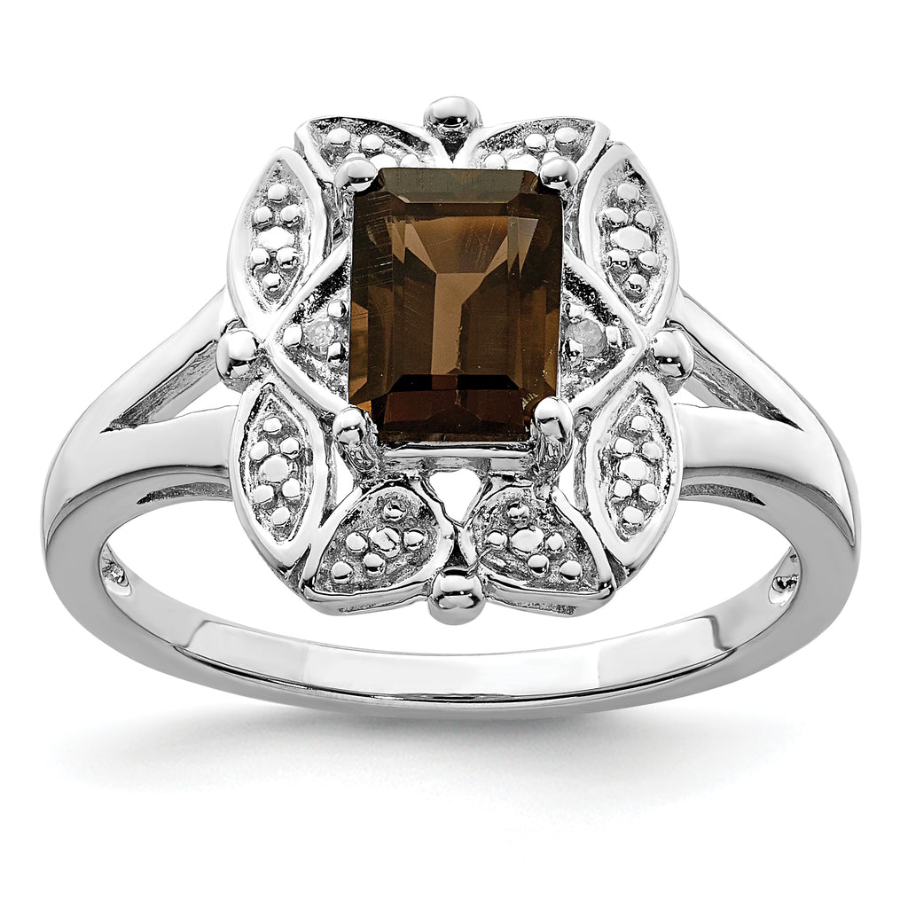 Sterling Silver Rhodium-Plated Diamond and Smoky Quartz Ring