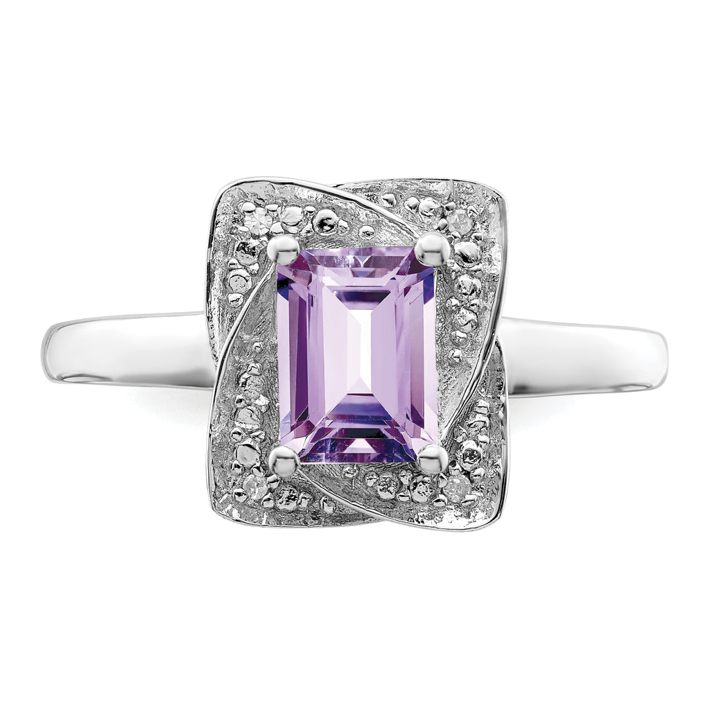 Sterling Silver Rhodium-Plated Diamond and Pink Quartz Ring