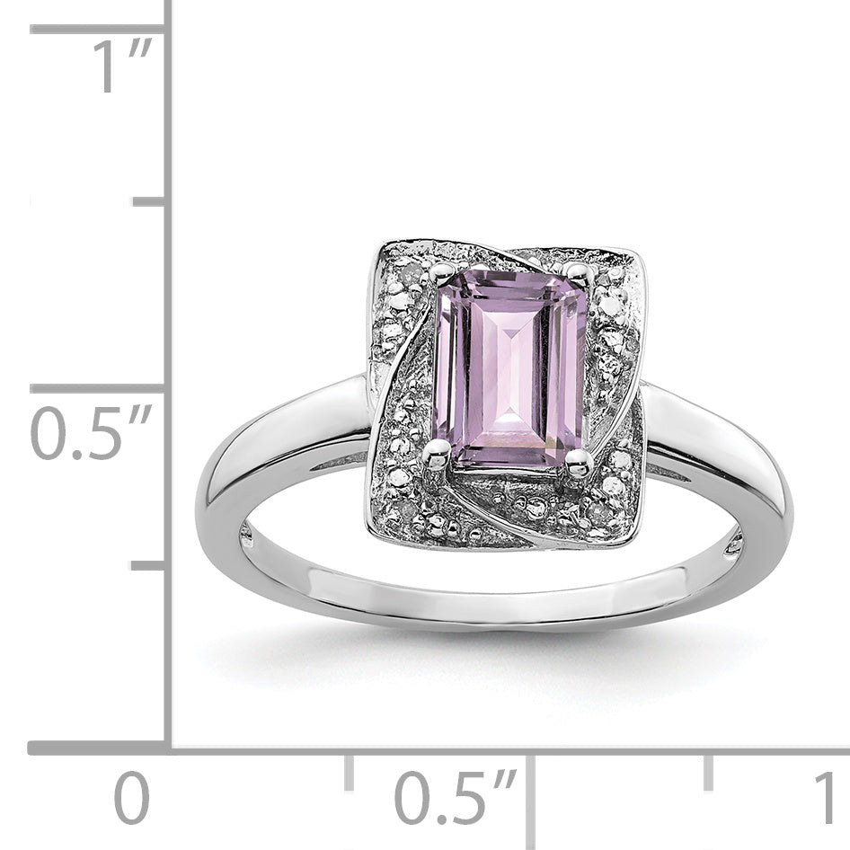 Sterling Silver Rhodium Diam. & Pink Quartz Ring