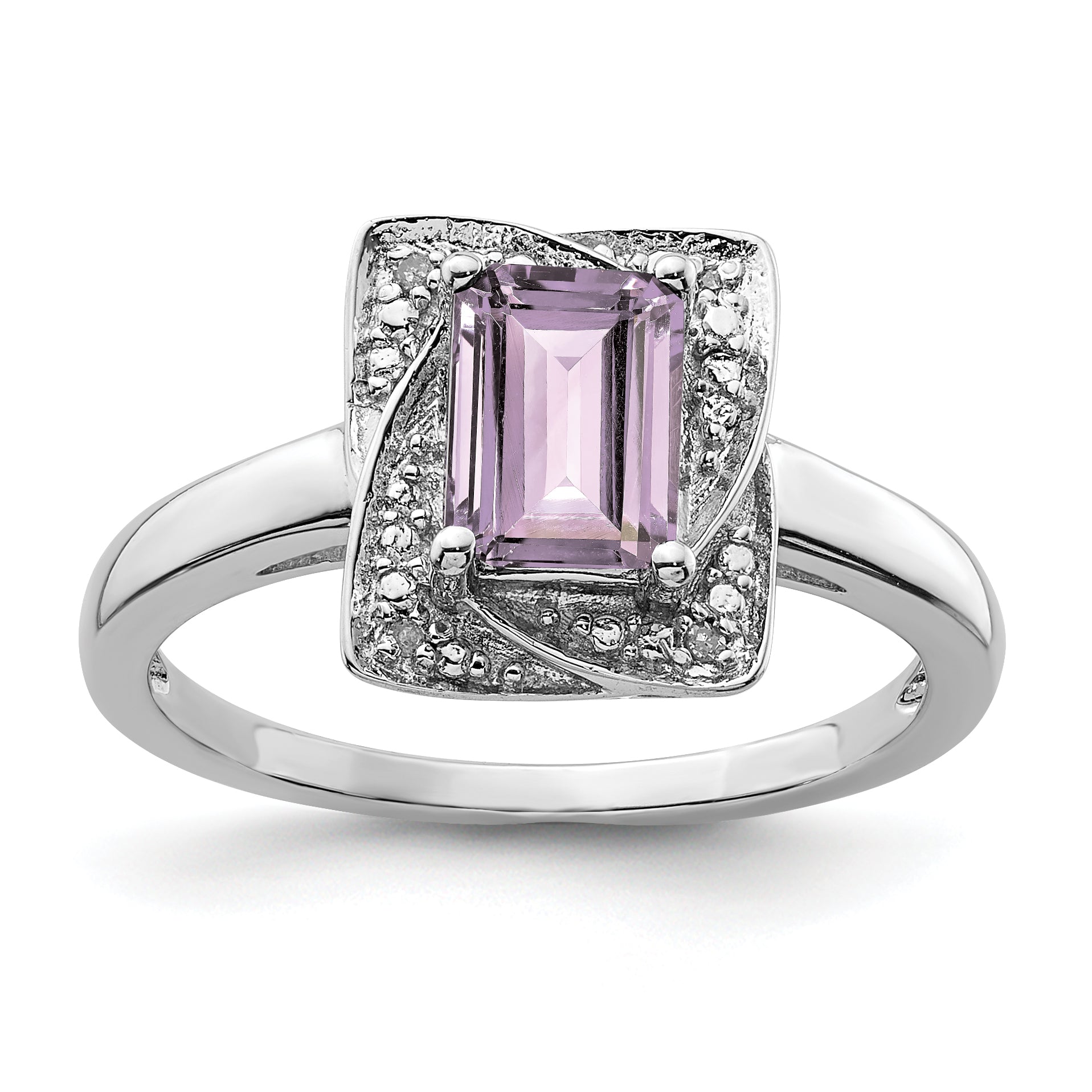 Sterling Silver Rhodium Diam. & Pink Quartz Ring