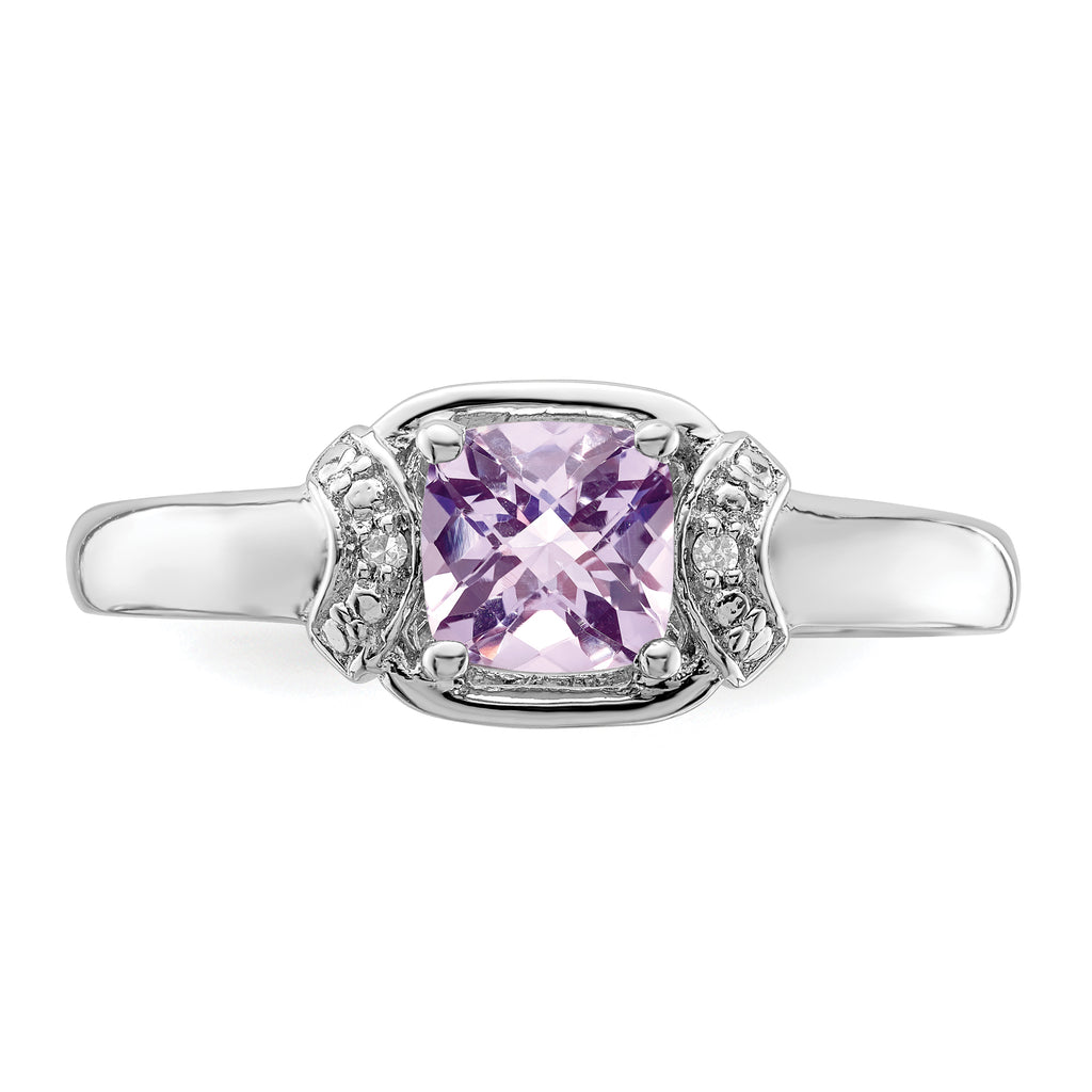Sterling Silver Rhodium Diam. & Pink Quartz Ring