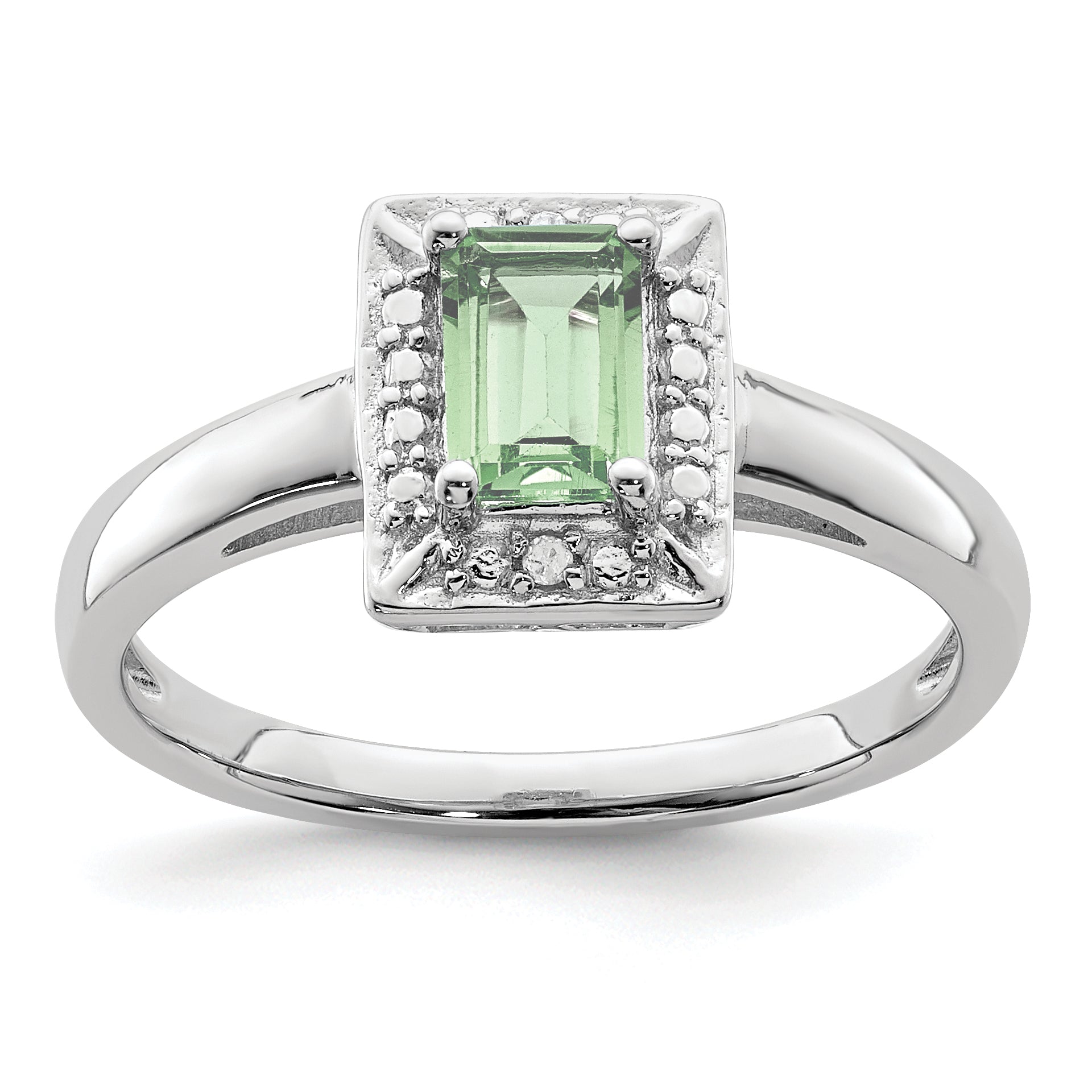 Sterling Silver Rhodium-Plated Green Quartz Diamond Ring