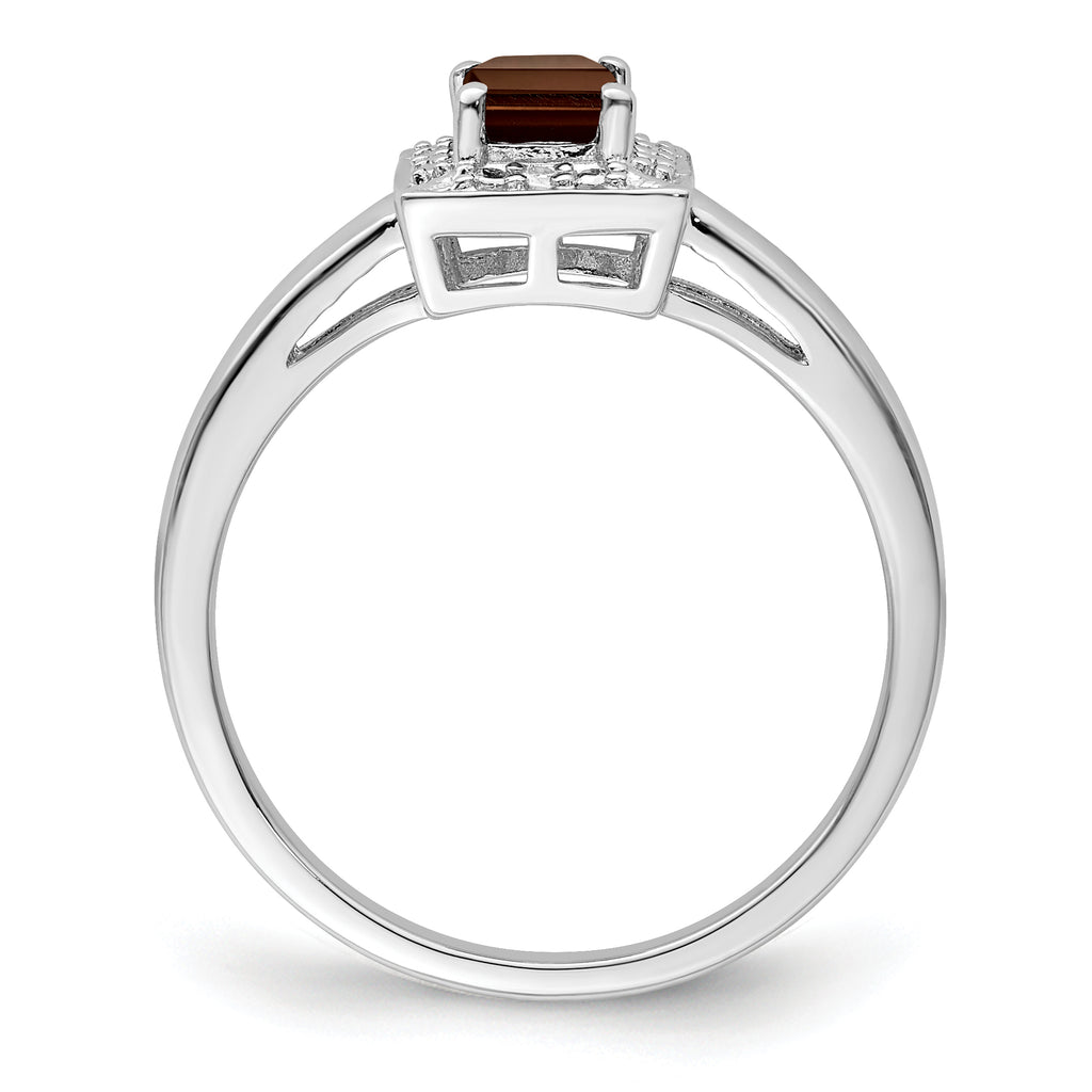 Sterling Silver Rhodium-Plated Smoky Quartz Diamond Ring