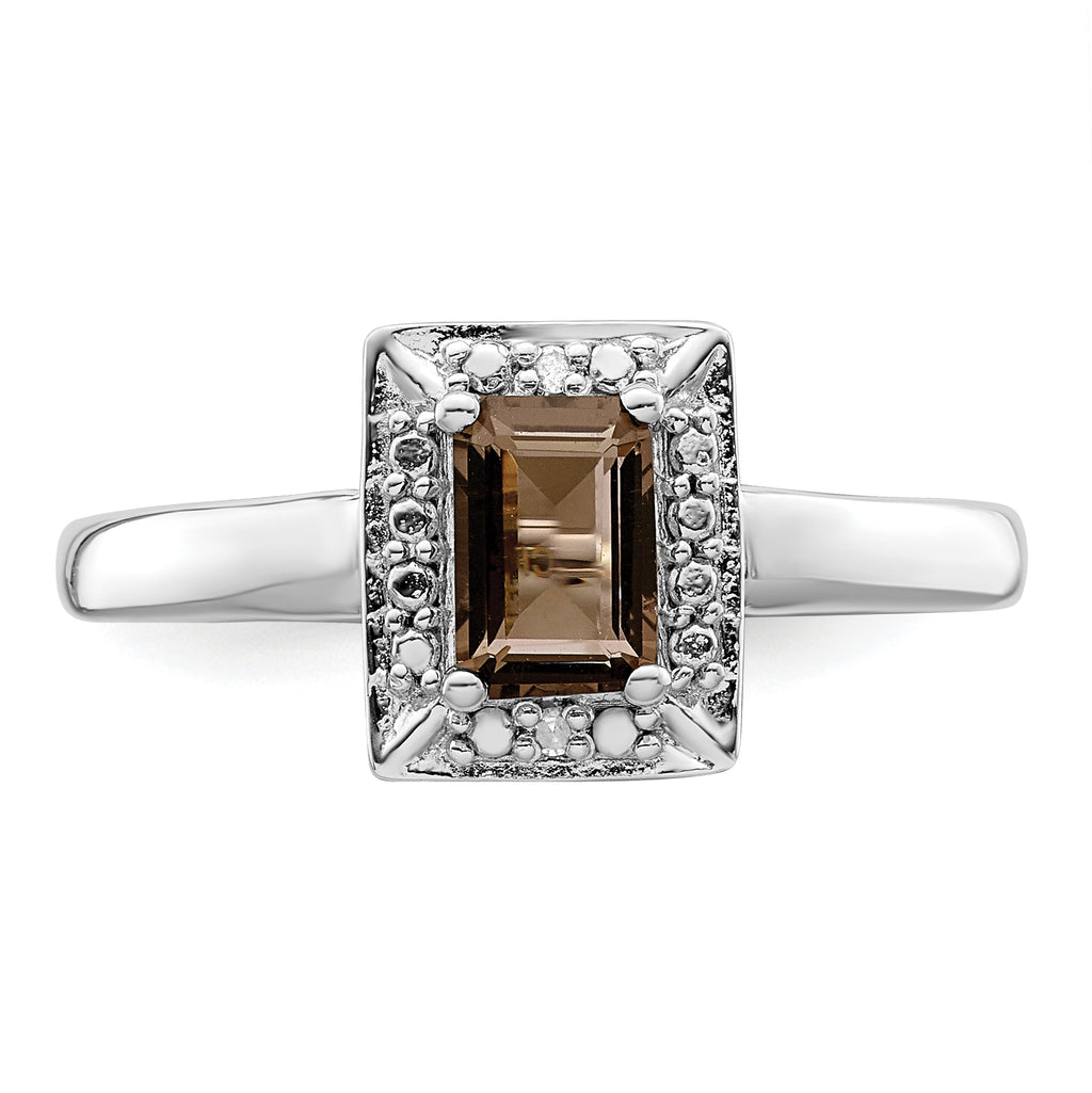 Sterling Silver Rhodium-Plated Smoky Quartz Diamond Ring