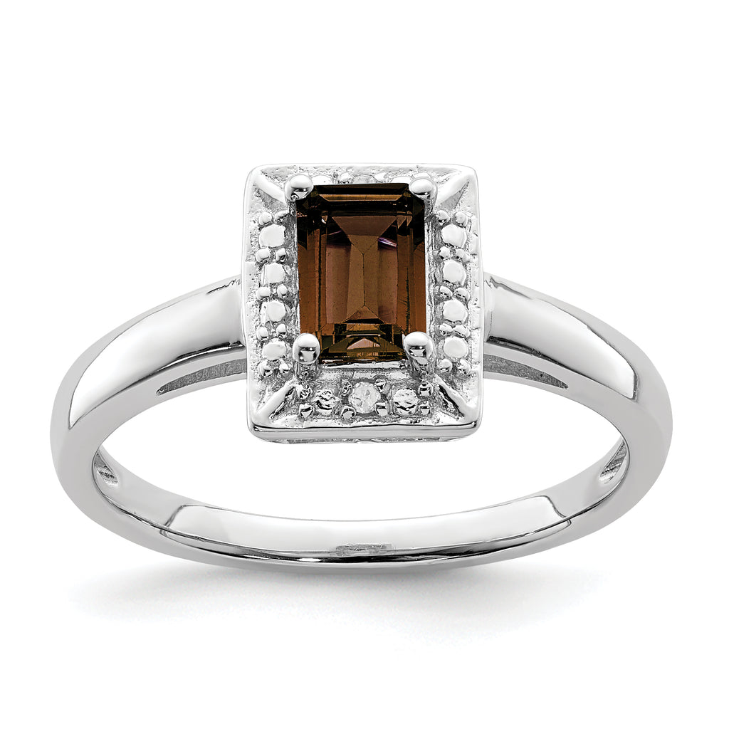 Sterling Silver Rhodium-Plated Smoky Quartz Diamond Ring