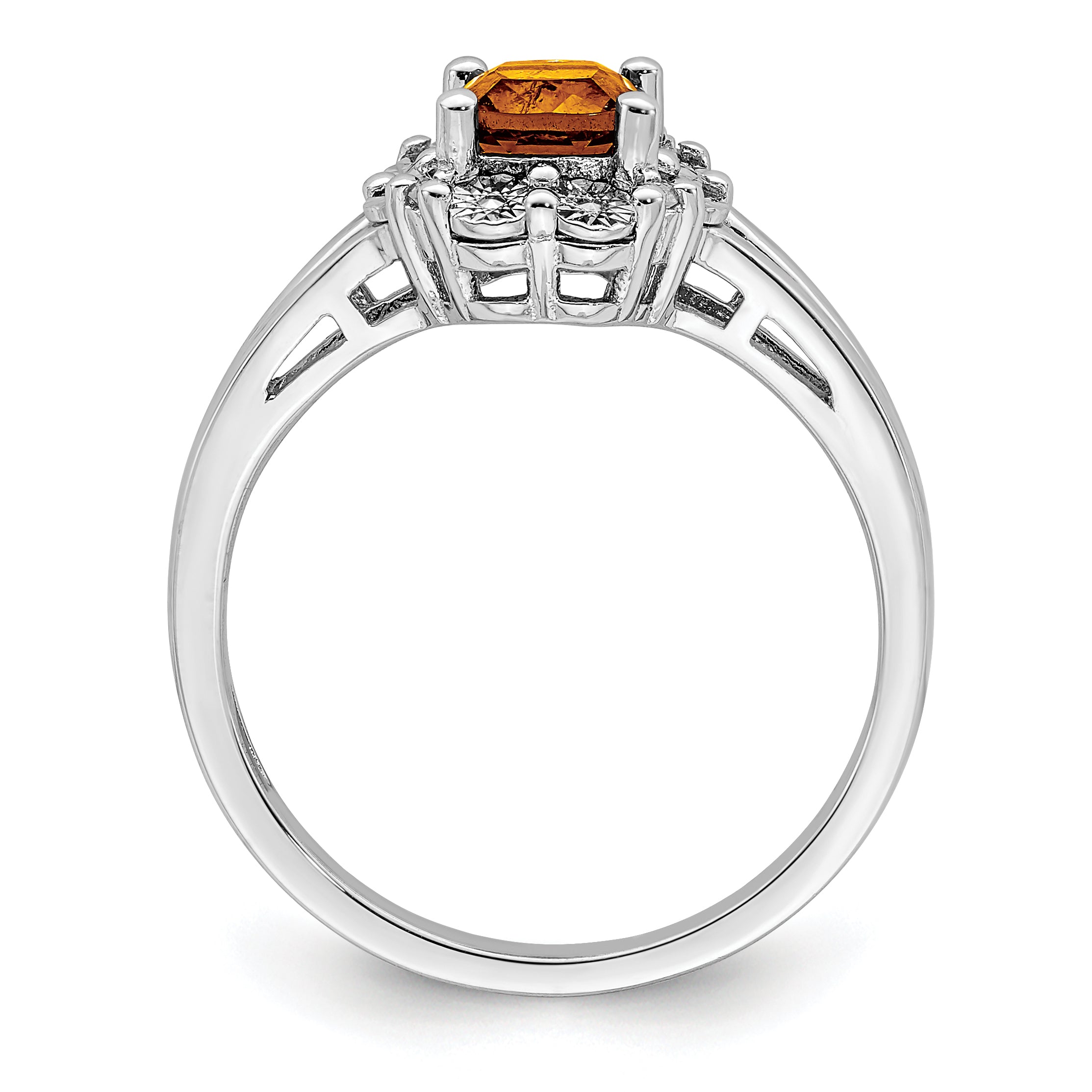 Sterling Silver Rhodium-Plated Whiskey Quartz Diamond Ring
