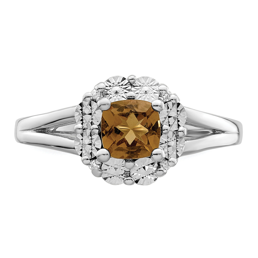 Sterling Silver Rhodium-Plated Whiskey Quartz Diamond Ring
