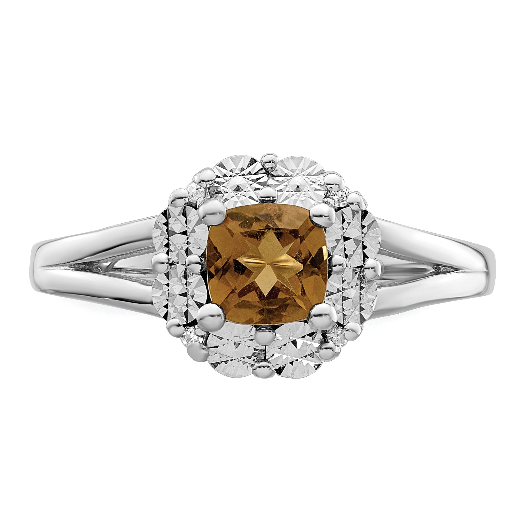 Sterling Silver Rhodium-Plated Whiskey Quartz Diamond Ring