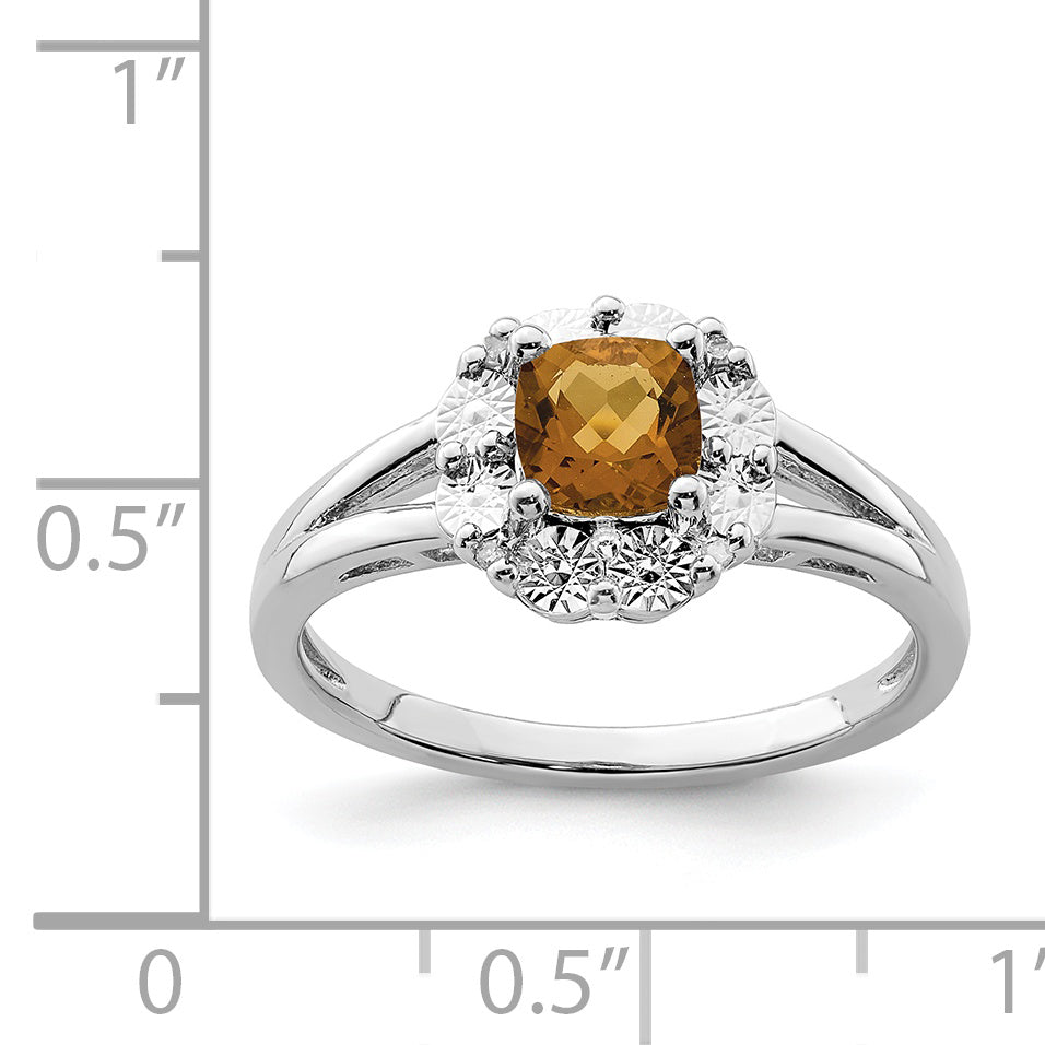 Sterling Silver Rhodium-Plated Whiskey Quartz Diamond Ring