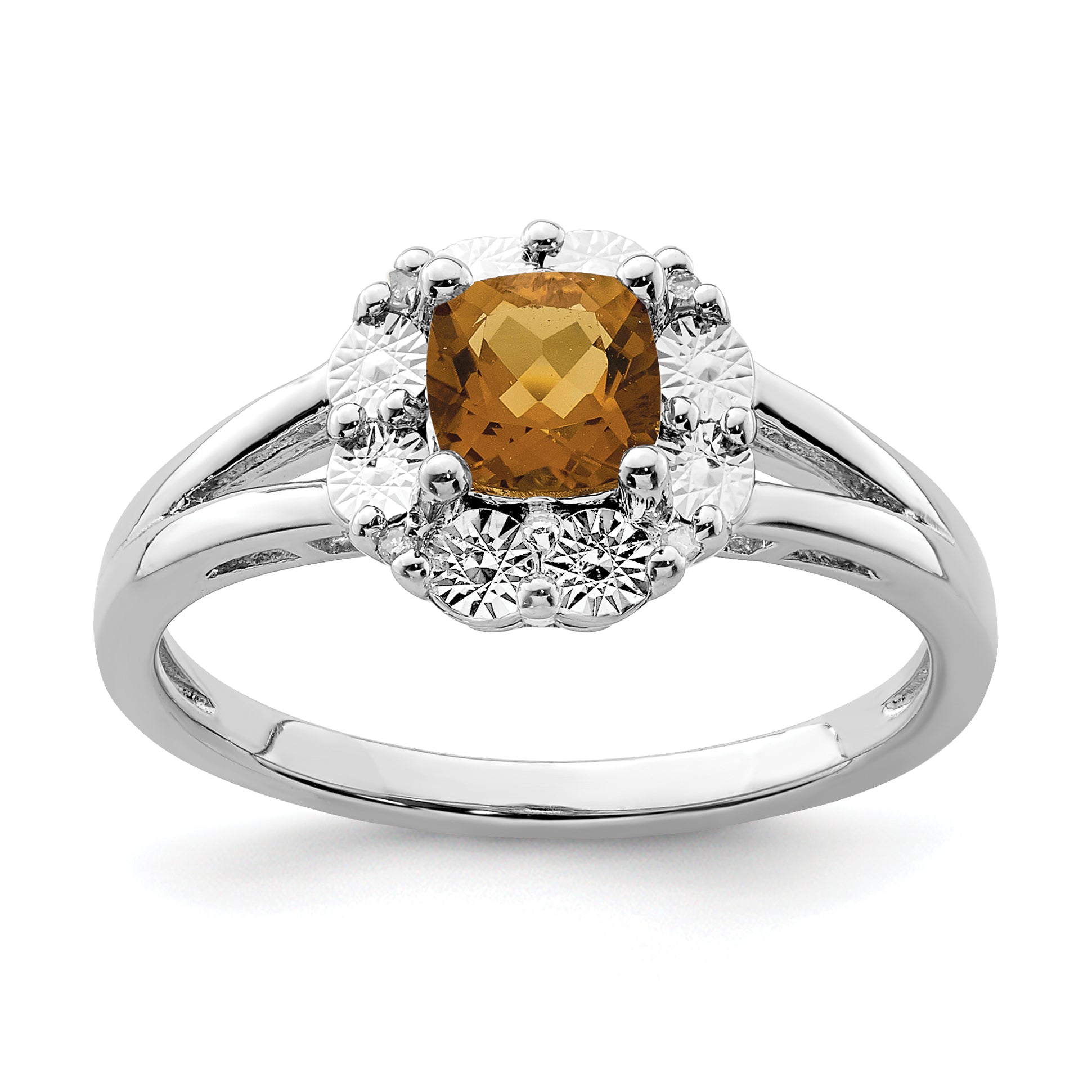 Sterling Silver Rhodium-Plated Whiskey Quartz Diamond Ring