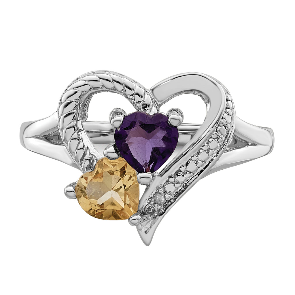 Sterling Silver Rhodium-Plated Amethyst & Citrine Diamond Ring