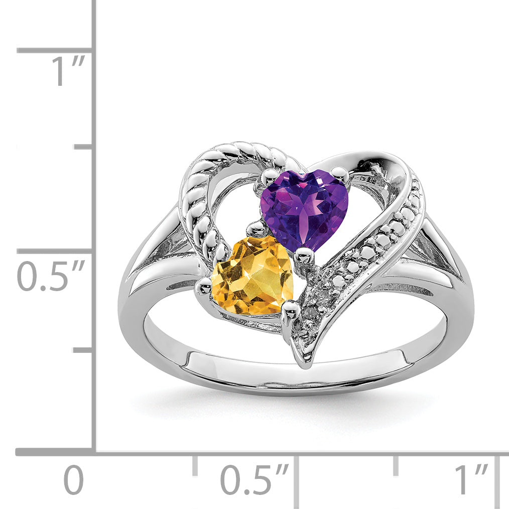 Sterling Silver Rhodium-Plated Amethyst & Citrine Diamond Ring