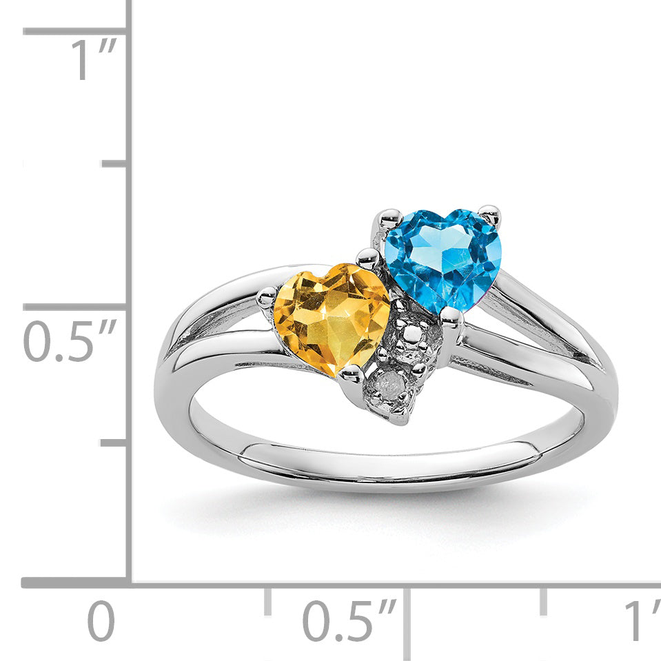 Sterling Silver Rhodium Blue Topaz & Citrine Diam. Ring