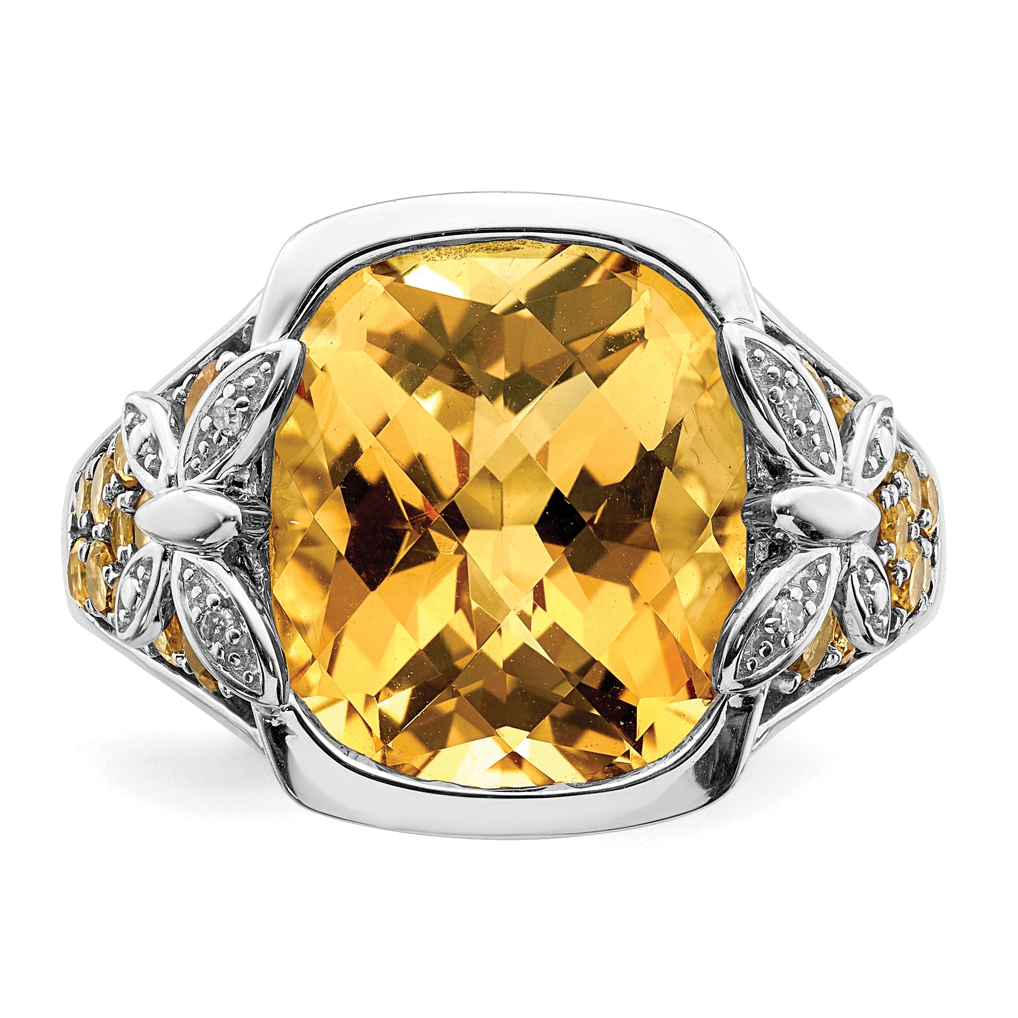 Sterling Silver Rhodium Diam. and Citrine Ring