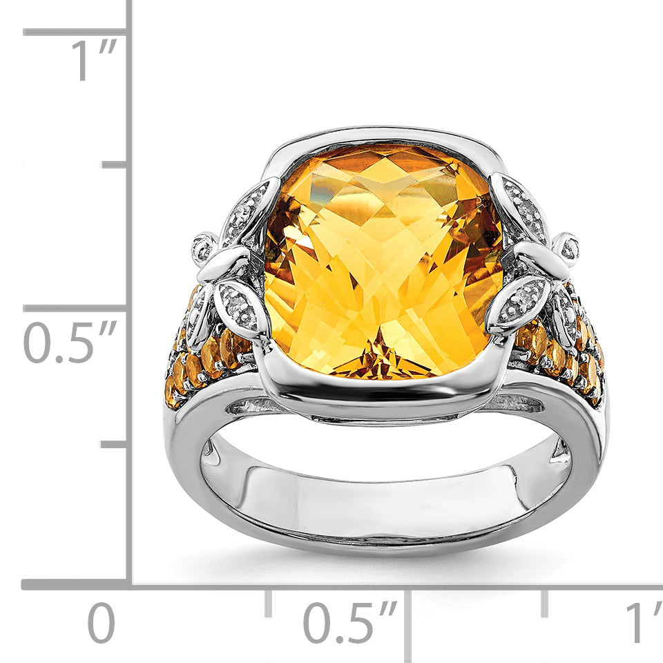 Sterling Silver Rhodium Diam. and Citrine Ring