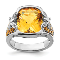 Sterling Silver Rhodium Diam. and Citrine Ring