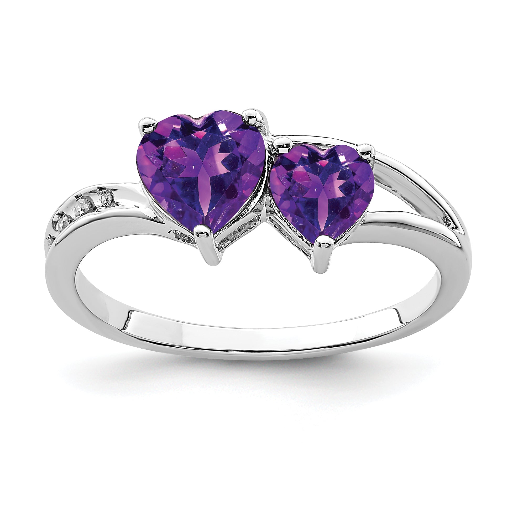 Sterling Silver Rhodium Plated Diamond and Amethyst Heart Ring Main image