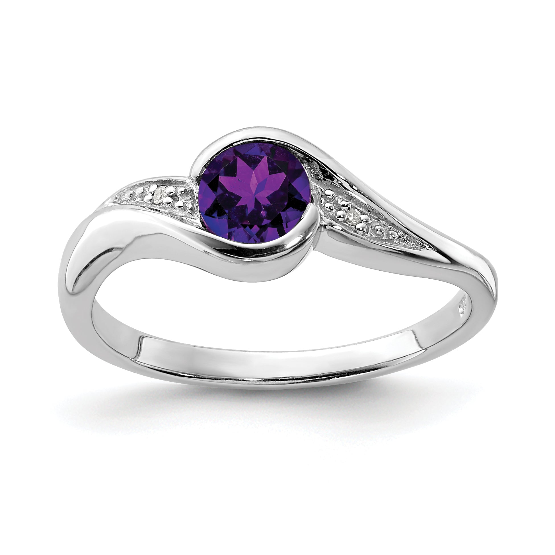 Sterling Silver Rhodium Plated Diamond and Amethyst Round Ring Main image