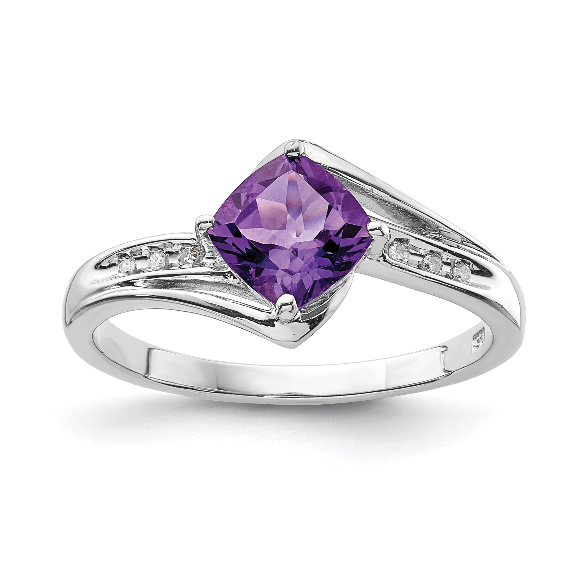 Sterling Silver Rhodium Plated Diamond and Amethyst Square Ring Main image