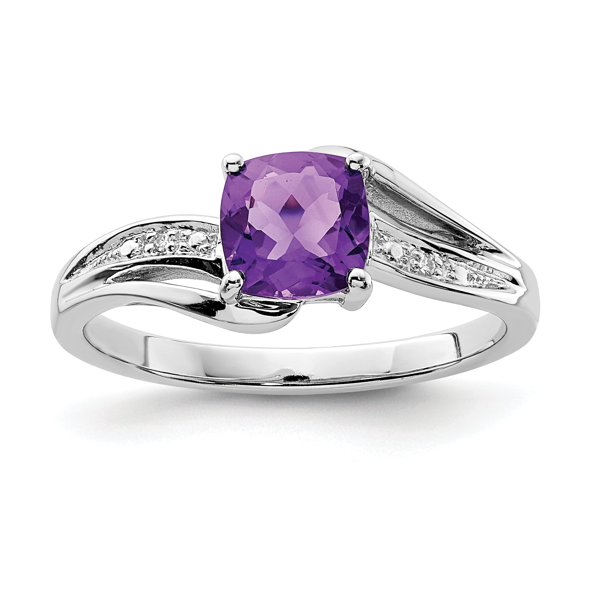 Sterling Silver Rhodium Plated Diamond and Amethyst Square Ring Main image