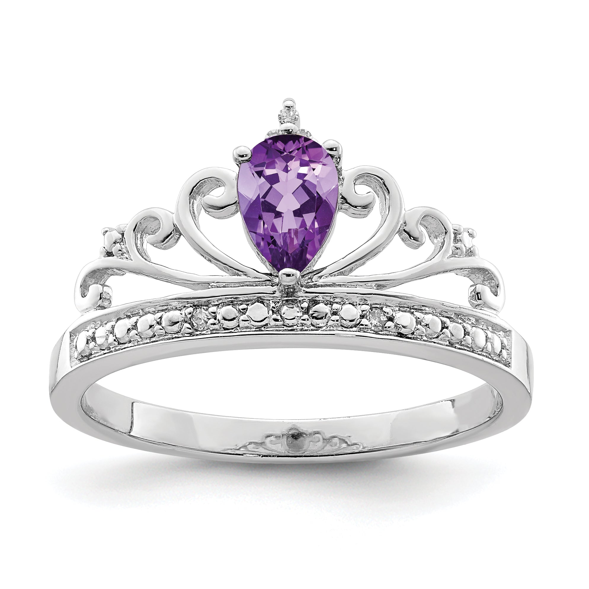 Sterling Silver Rhodium Plated Diamond & Amethyst Teardrop Ring Main image