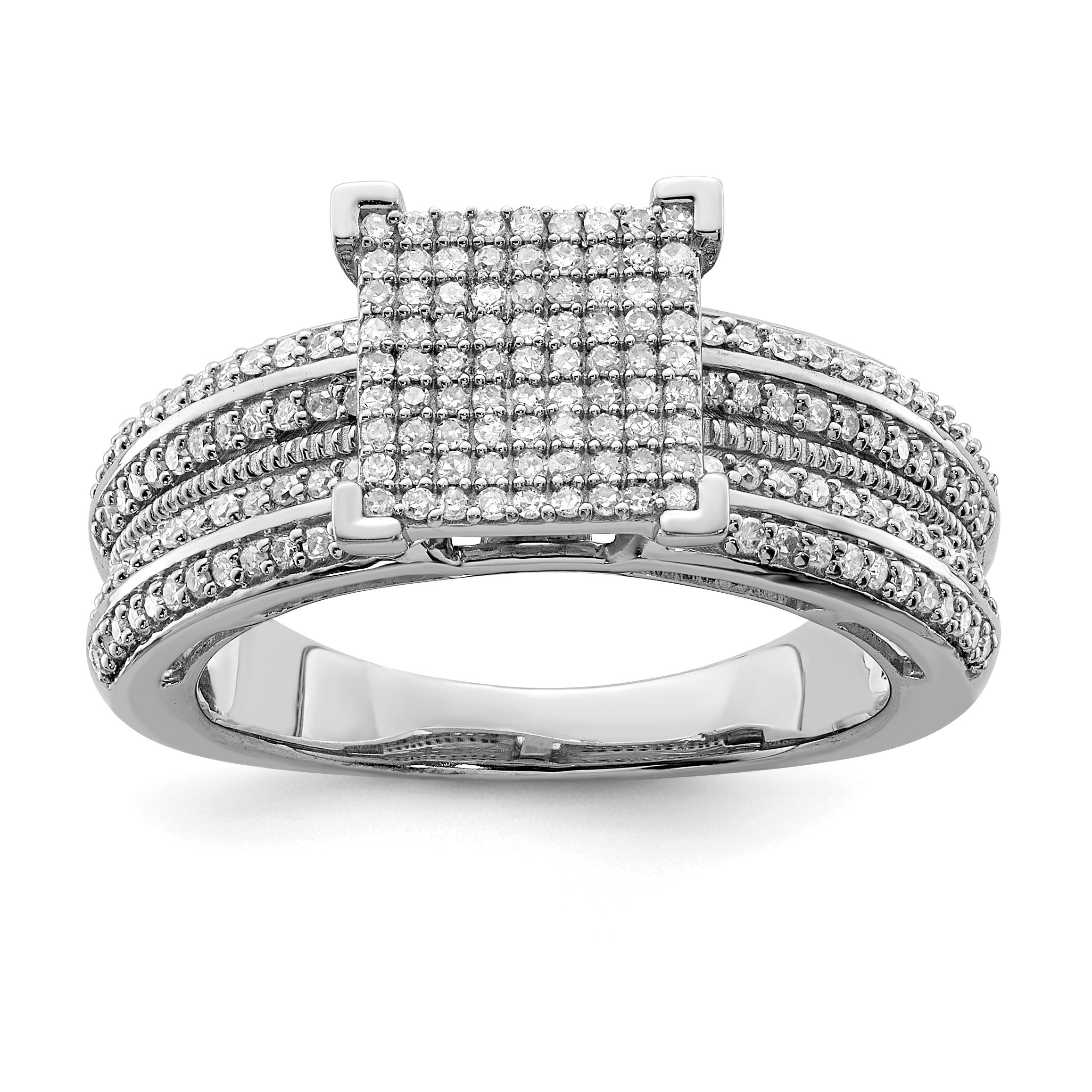 Sterling Silver Rhodium Plated Diamond Square Ring