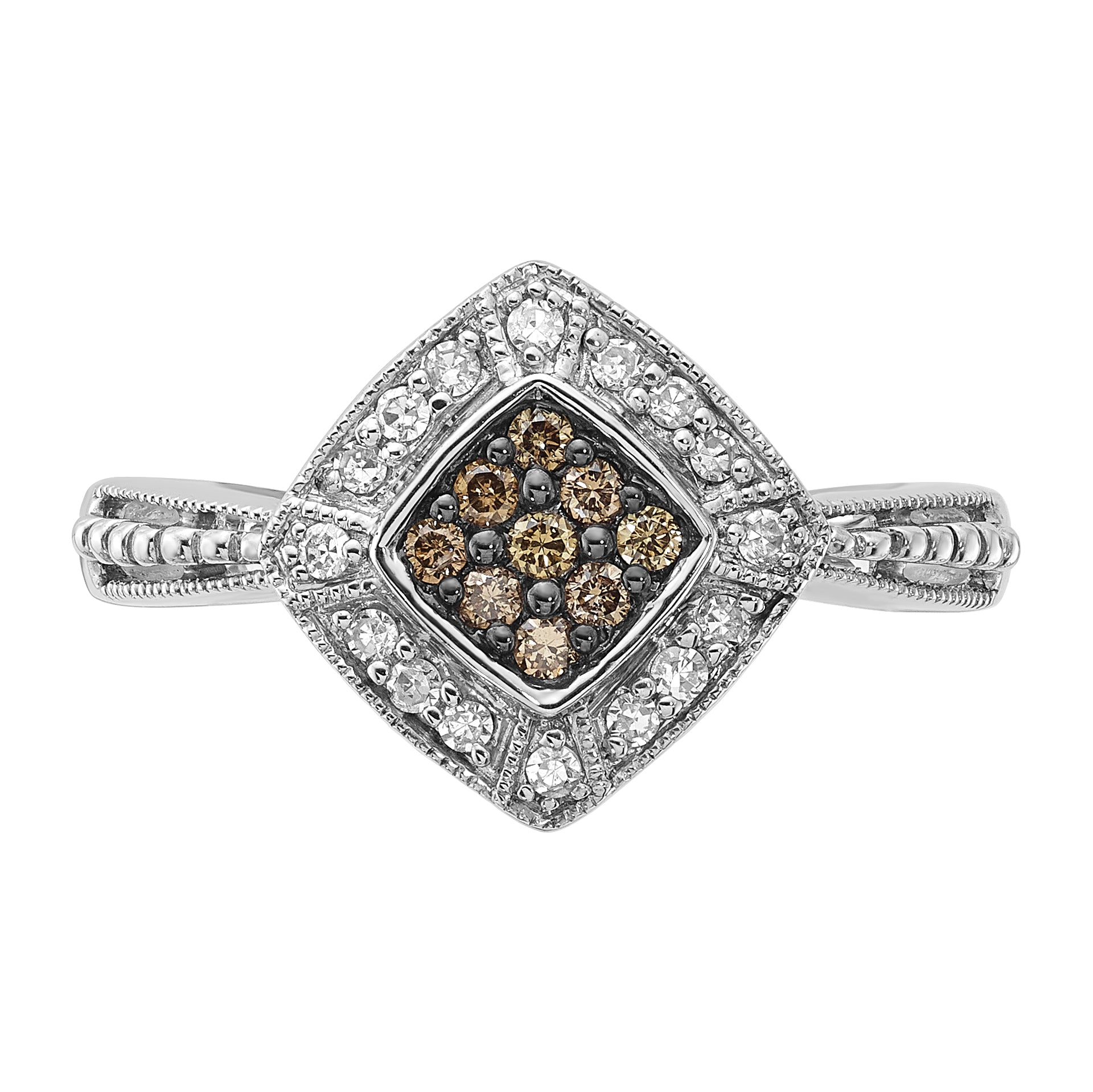 Sterling Silver Champagne & Clear Diamond & Small Diamond Shape Ring