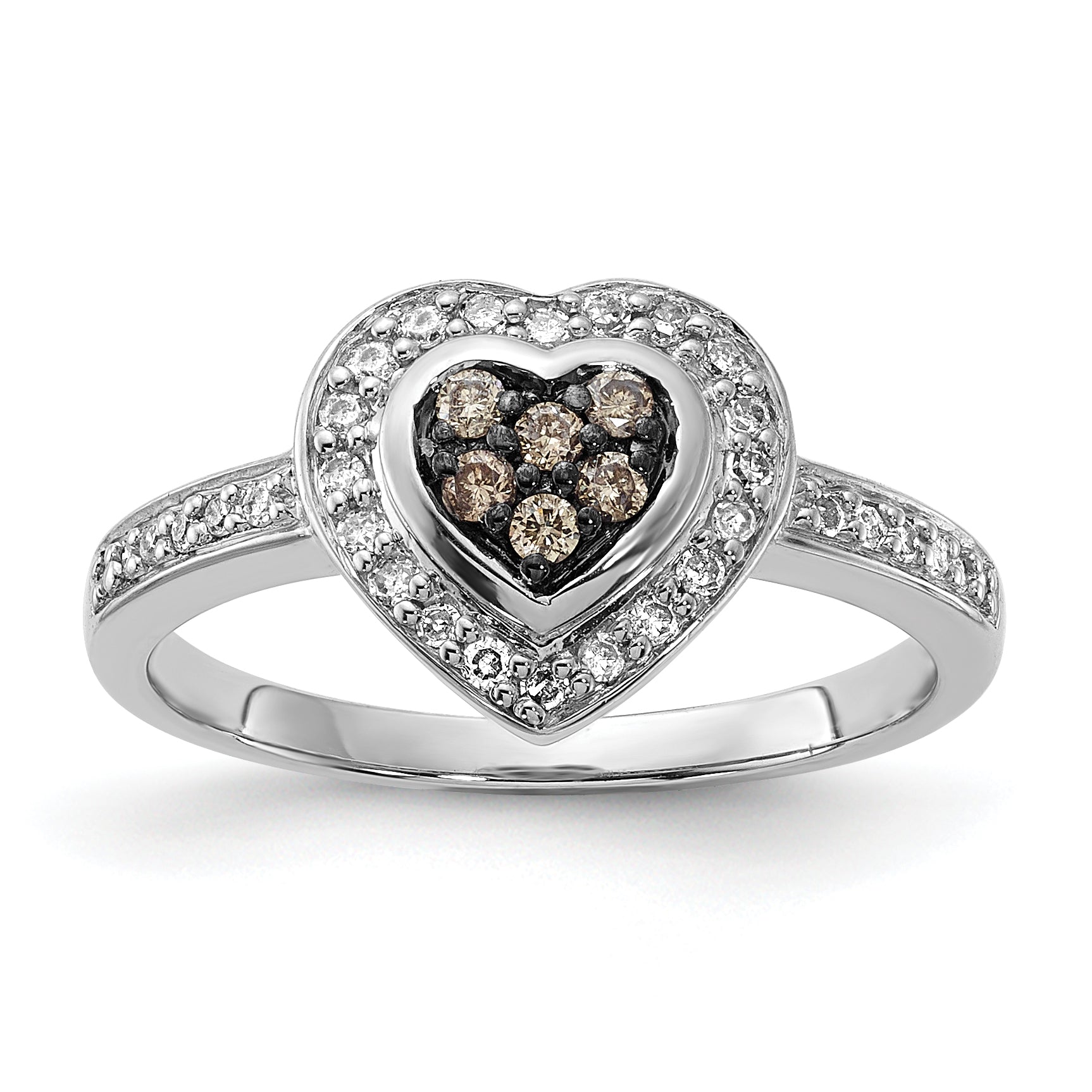 Sterling Silver Polished Champagne & Clear Diamond Heart Ring Main image