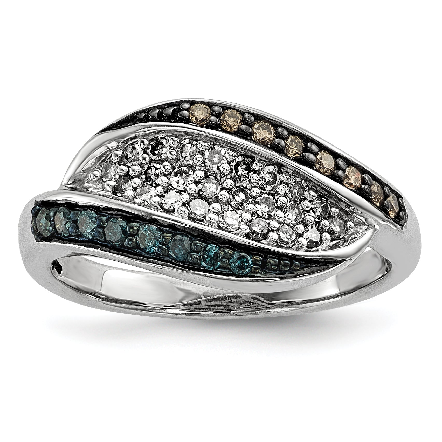 Sterling Silver White, Champagne & Blue Diamond Antiqued Ring