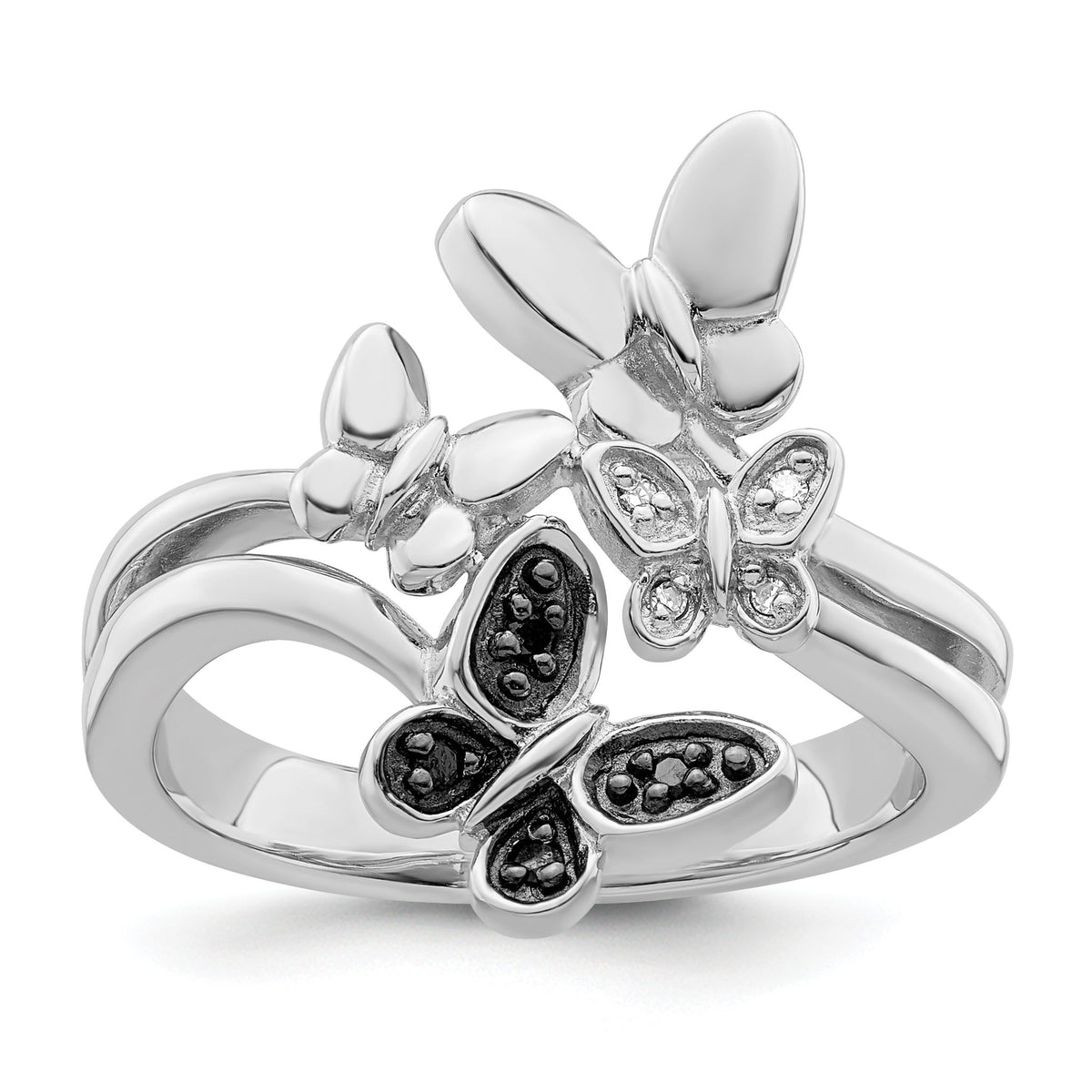 White & Black Diamond Butterfly Ring in Sterling Silver (0.04 ct. tw.), Size 6–8 - Sophia Jewelers Main image