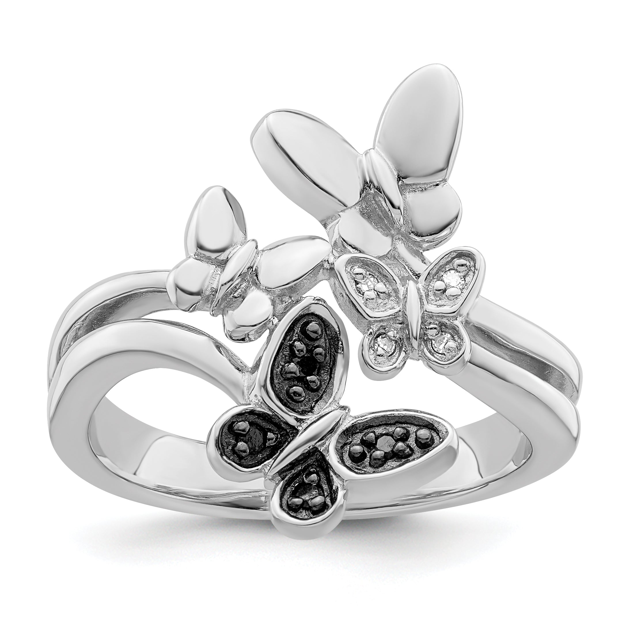 White Night Sterling Silver Rhodium-plated White and Black Diamond Butterfly Ring Main image