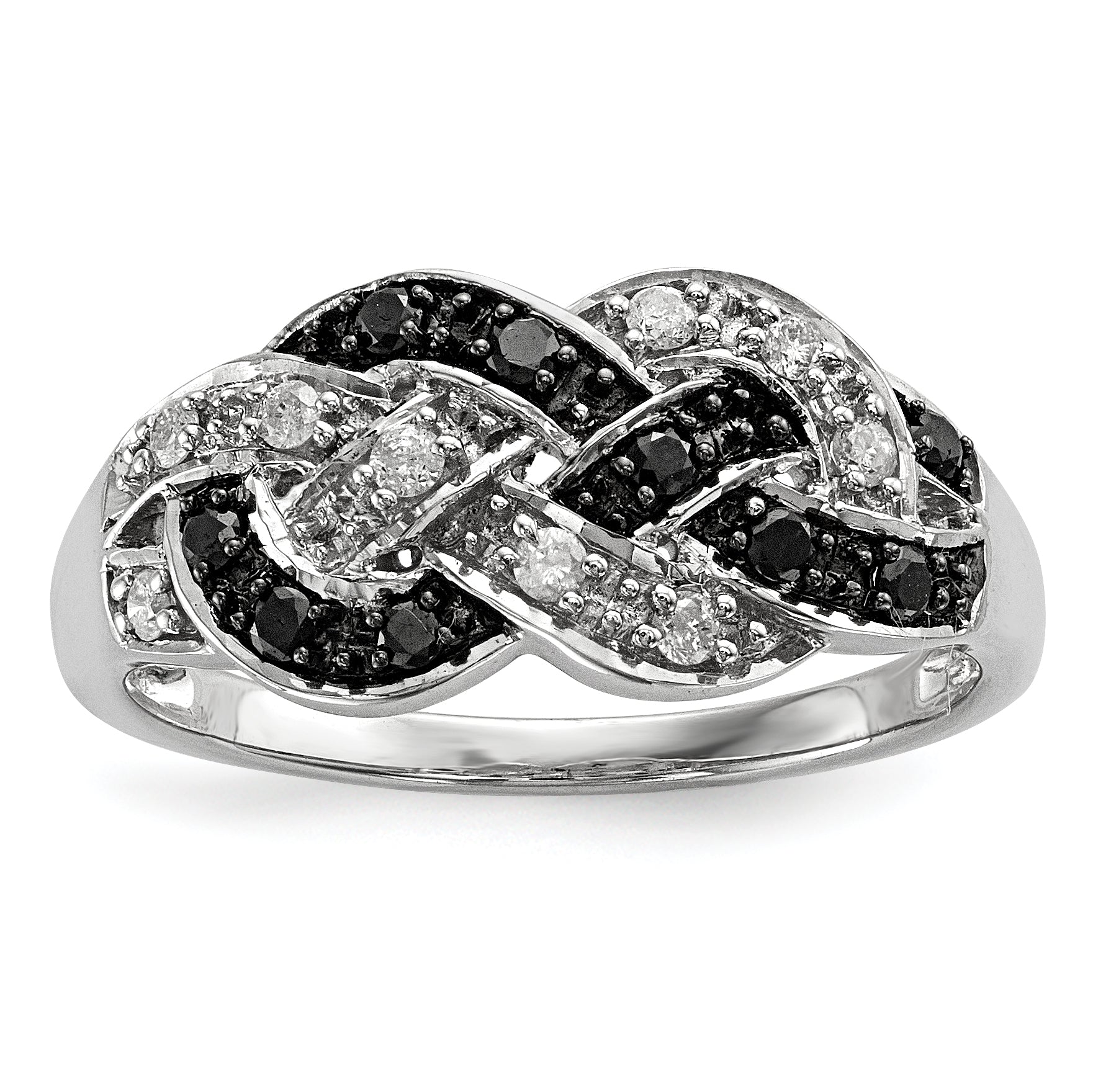 White Night Sterling Silver Rhodium-plated Black and White Diamond Intertwined Ring Main image