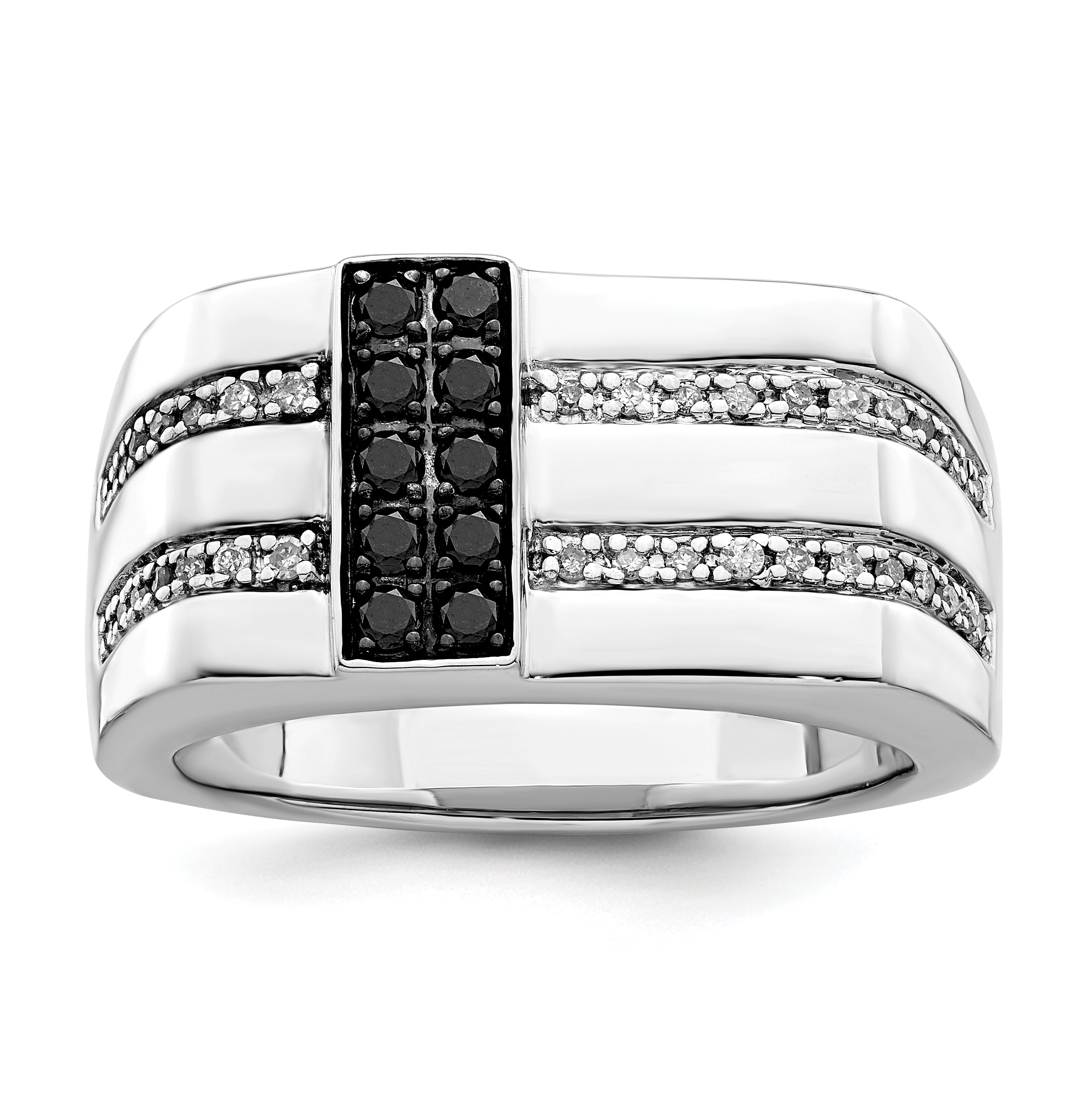 White Night Sterling Silver Rhodium-plated Black and White Diamond Men's Ring Main image