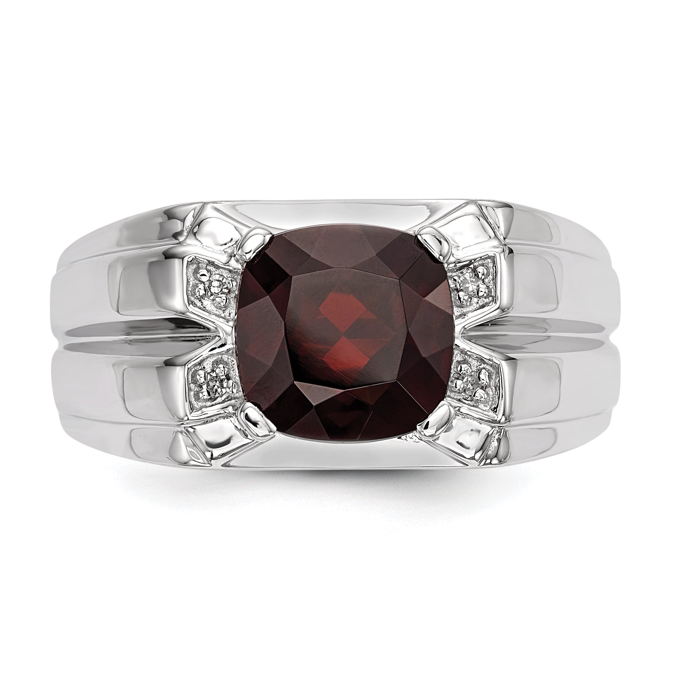 White Night Sterling Silver Rhodium-plated Garnet and Diamond Square Men's Ring