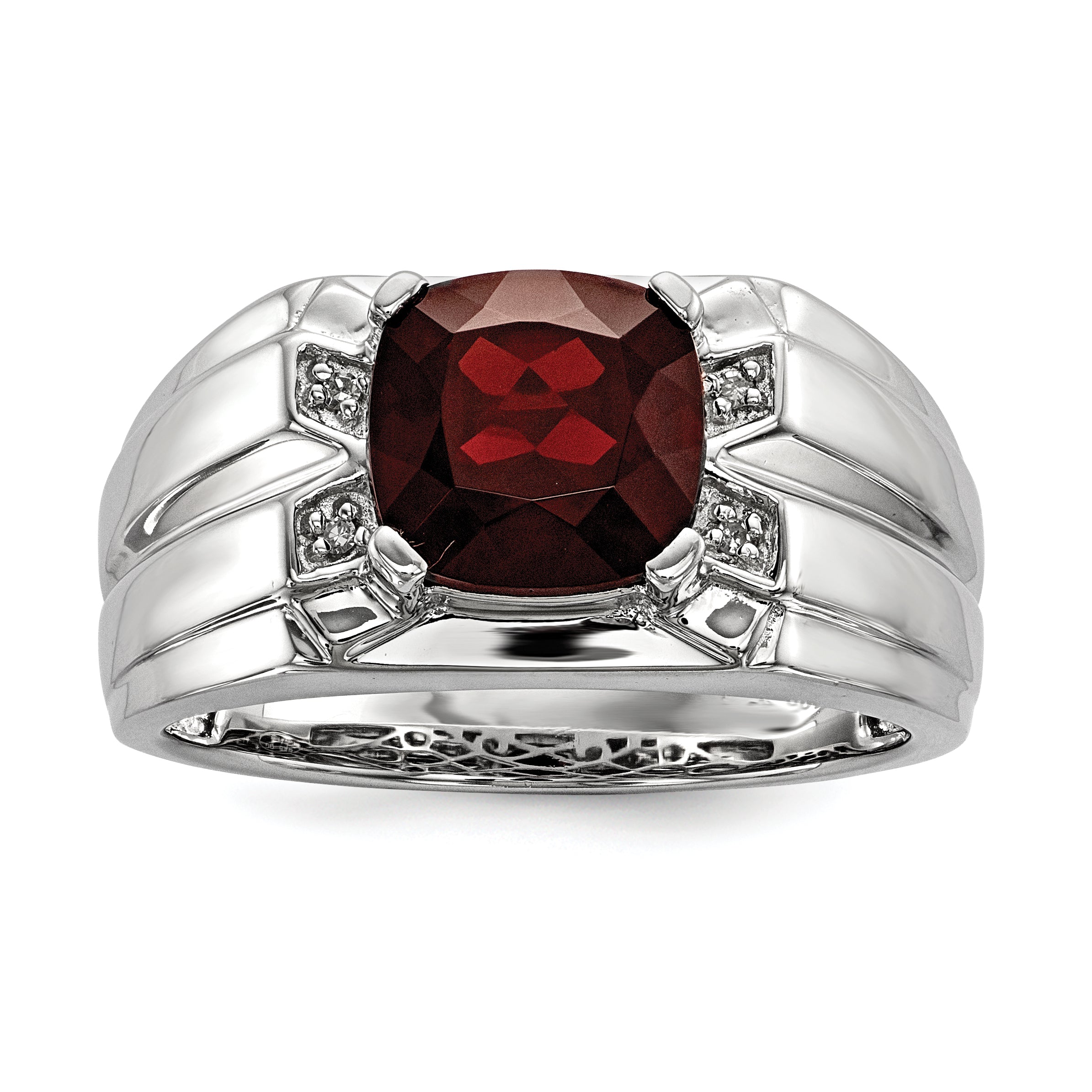 White Night Sterling Silver Rhodium-plated Garnet and Diamond Square Men's Ring Main image