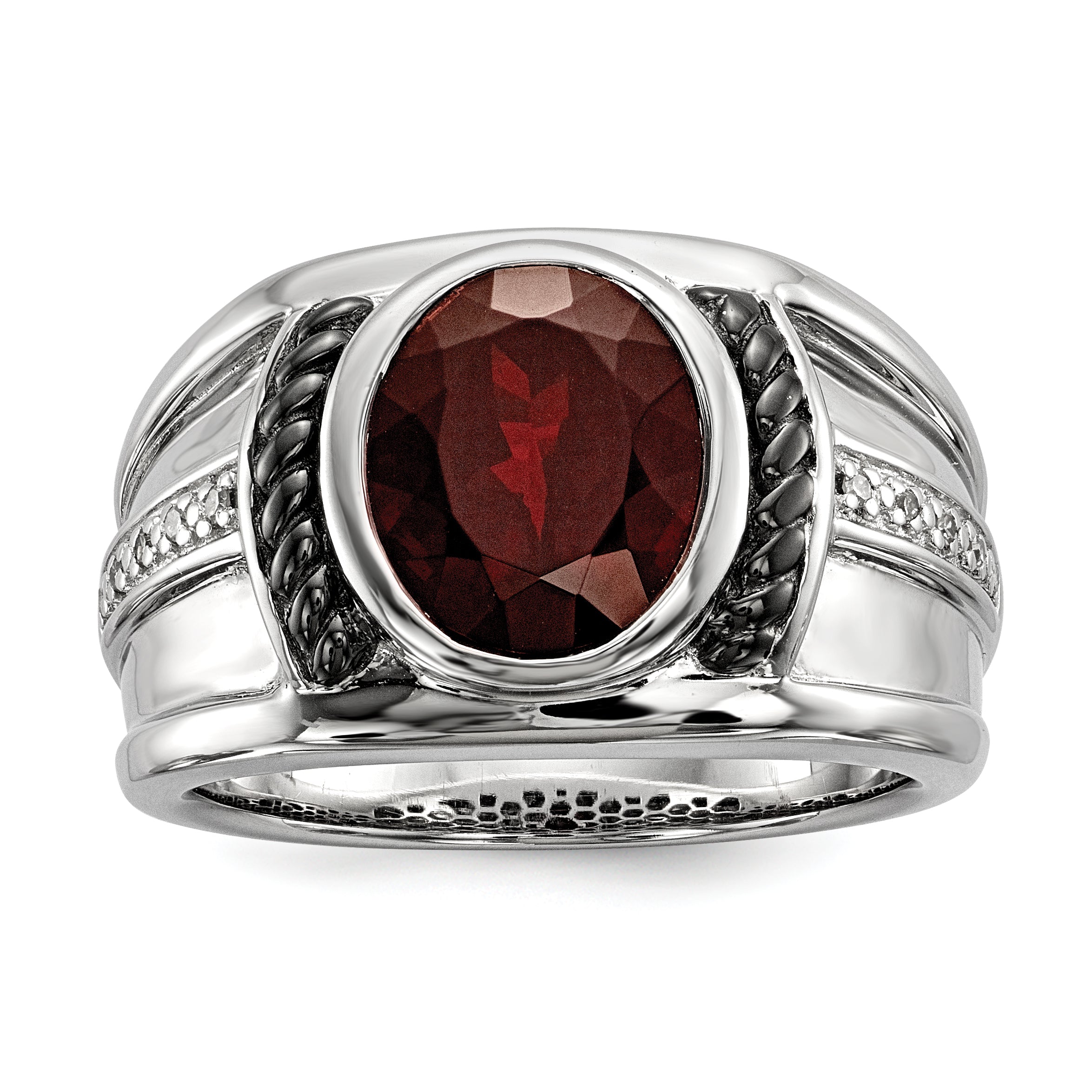 White Night Sterling Silver Black Rhodium-plated Garnet and Diamond Oval Men's Ring Main image