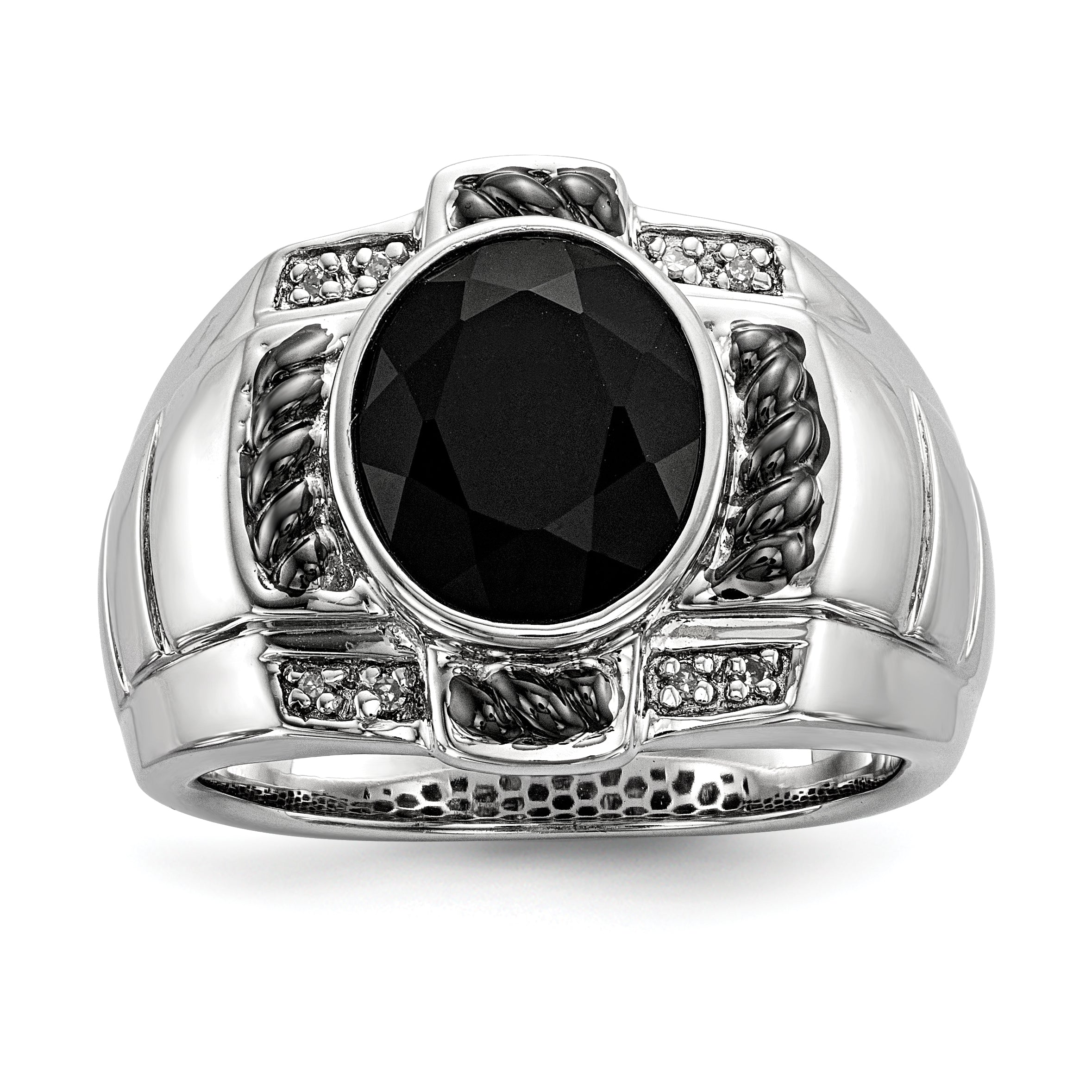 White Night Sterling Silver Black Rhodium-plated Diamond and Onyx Oval Men's Ring Main image