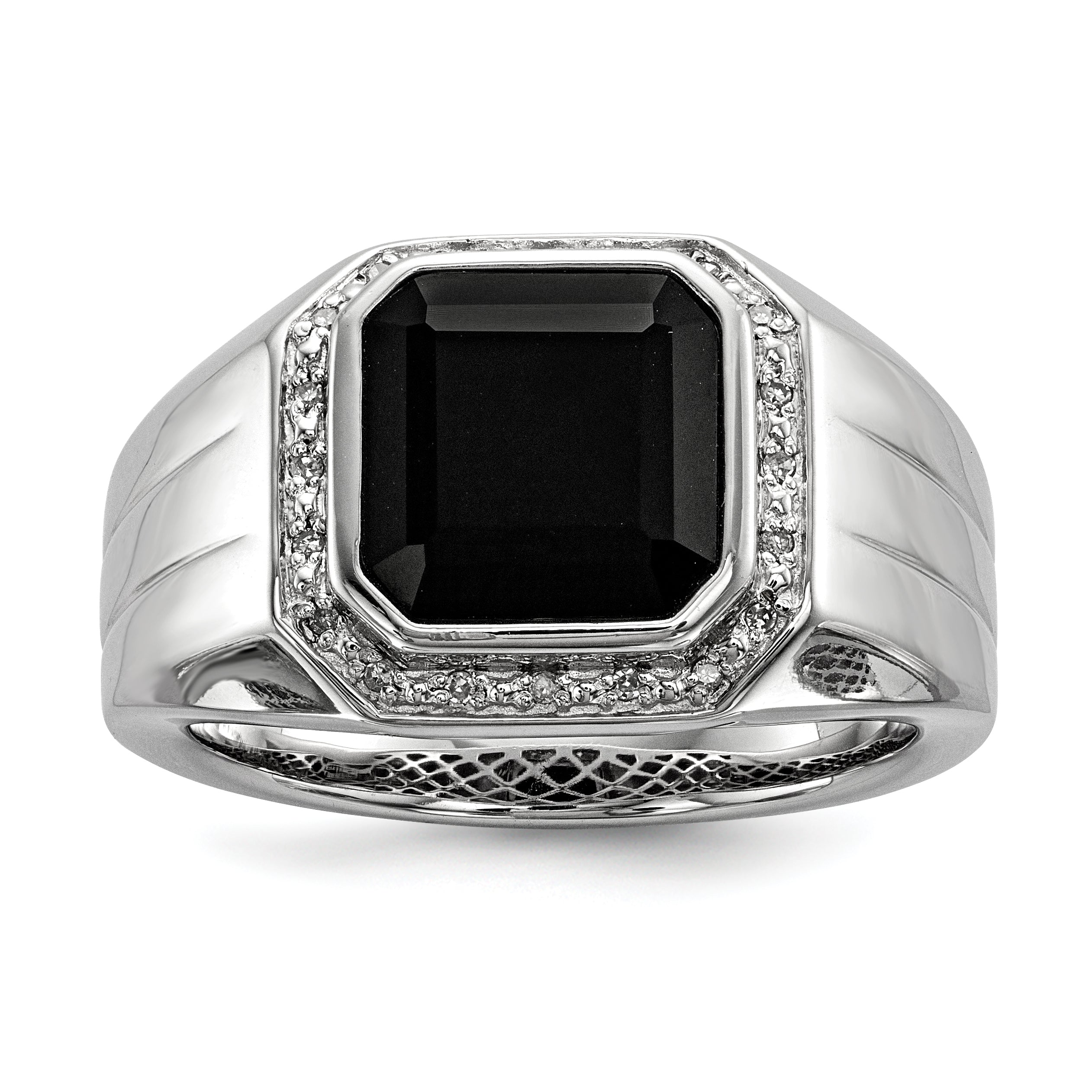 White Night Sterling Silver Rhodium-plated Diamond and Black Onyx Square Men's Ring Main image