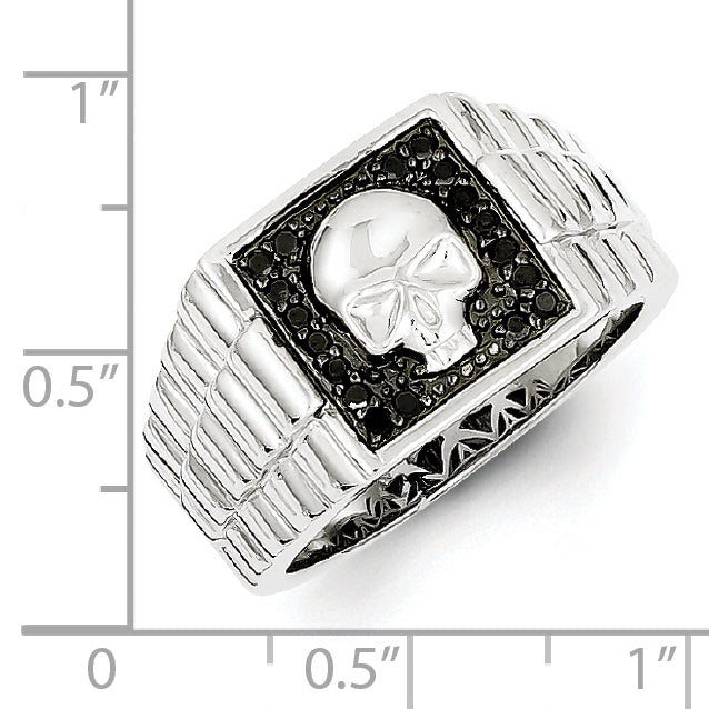 White Night Sterling Silver Rhodium-plated Black Diamond Square Skull Men's Ring