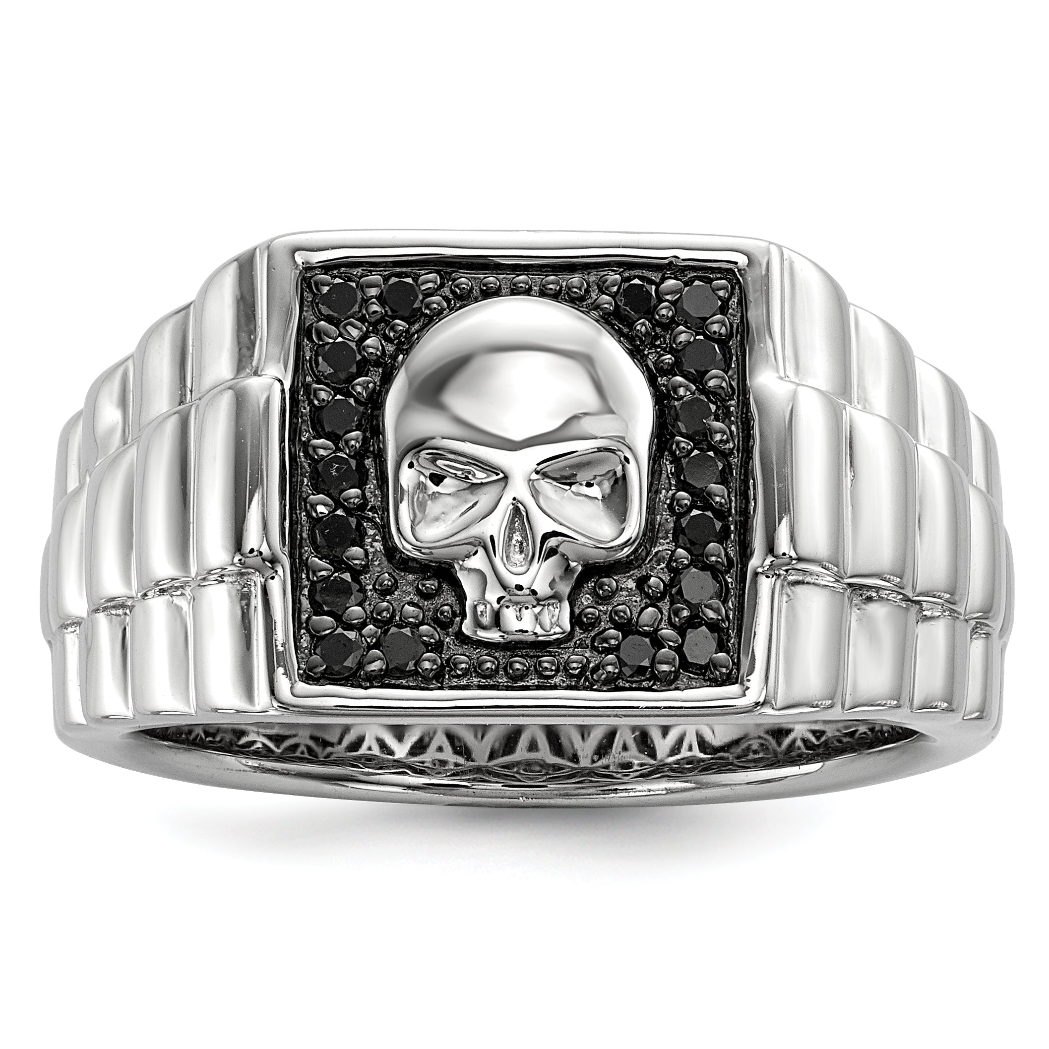 White Night Sterling Silver Rhodium-plated Black Diamond Square Skull Men's Ring Main image
