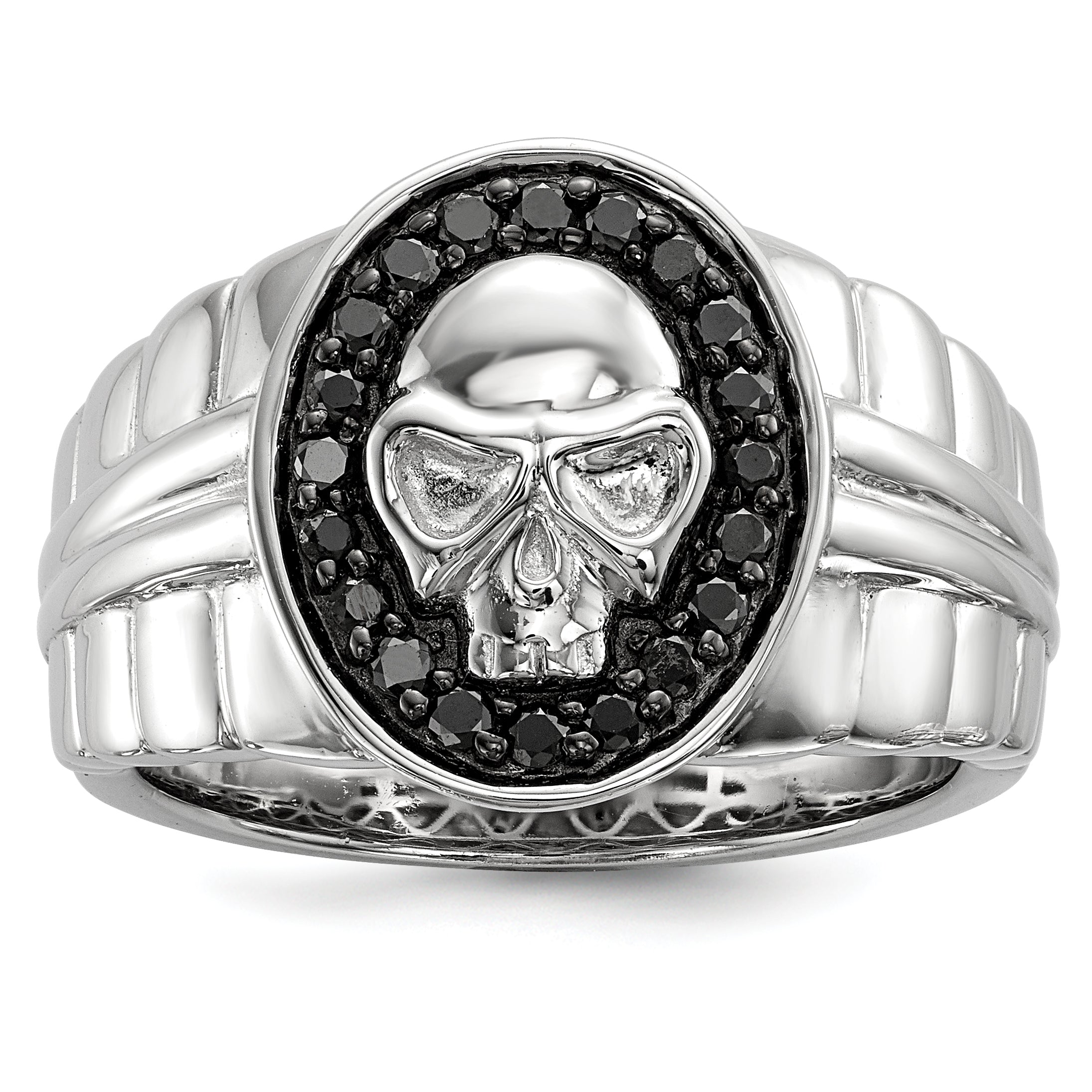 White Night Sterling Silver Rhodium-plated Black Diamond Oval Skull Men's Ring Main image