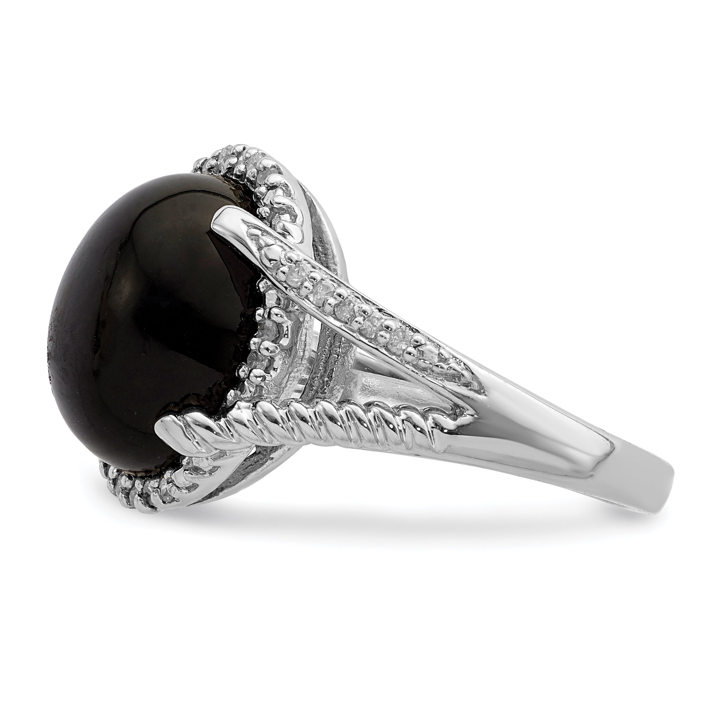 Sterling Silver Rhodium-Plated Onyx and Diamond Ring