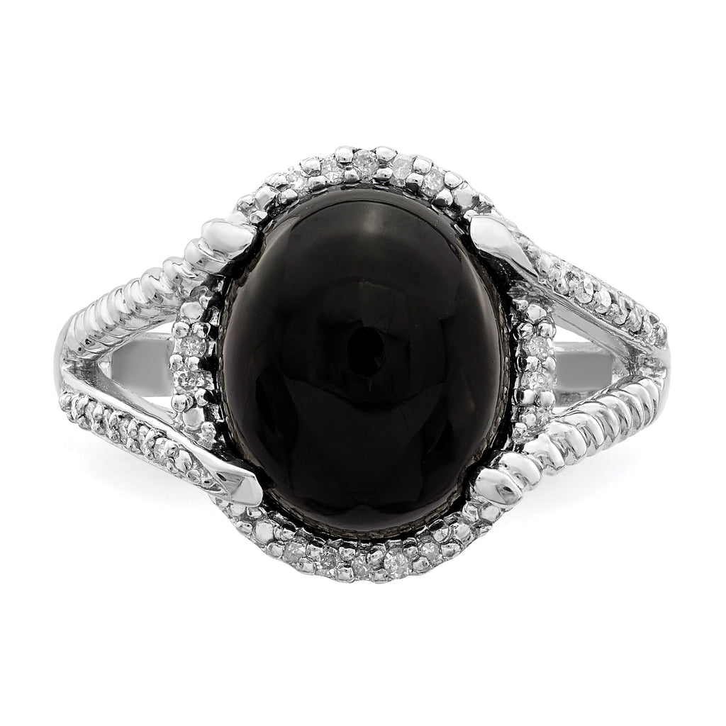 Sterling Silver Rhodium-Plated Onyx and Diamond Ring