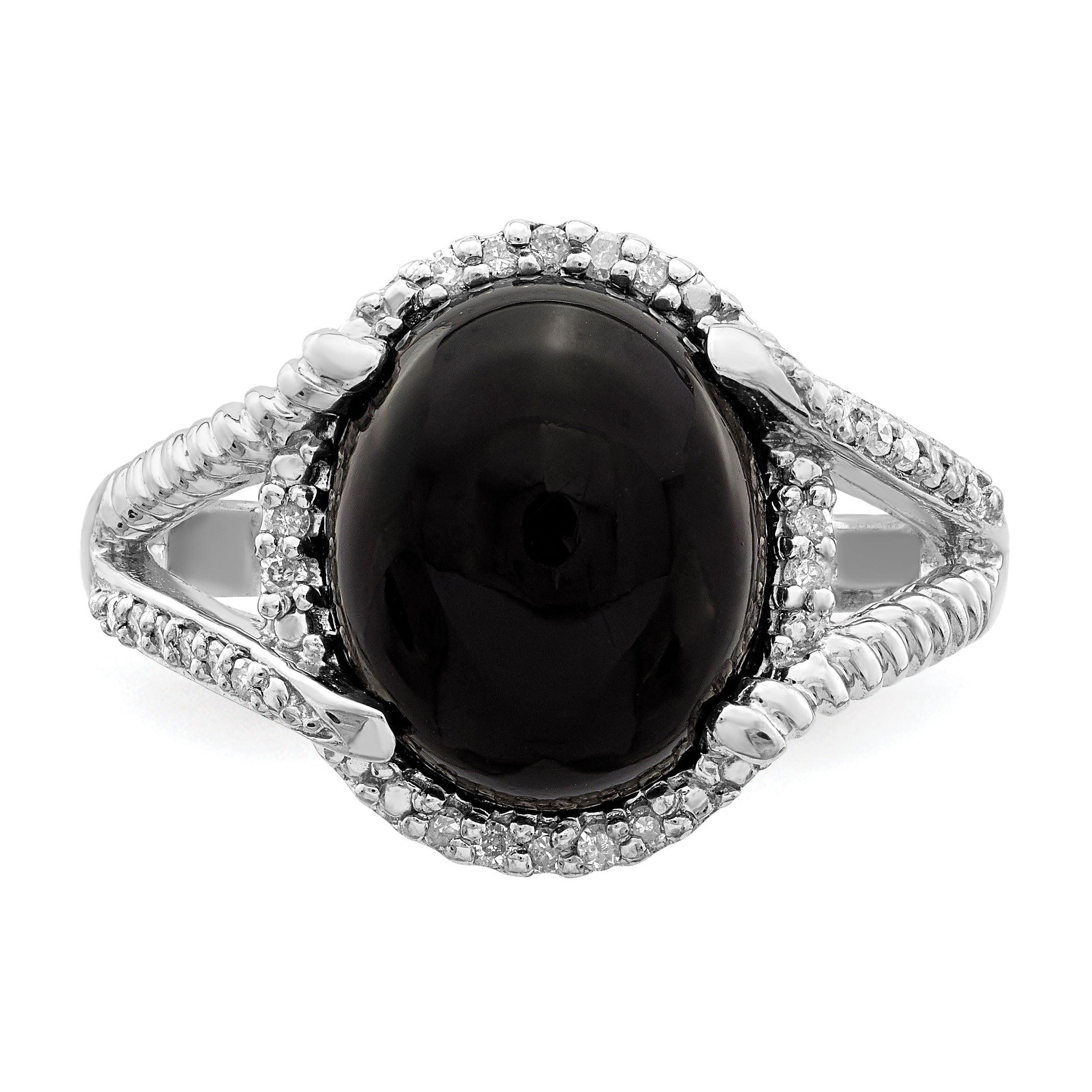 Sterling Silver Rhodium-Plated Onyx and Diamond Ring